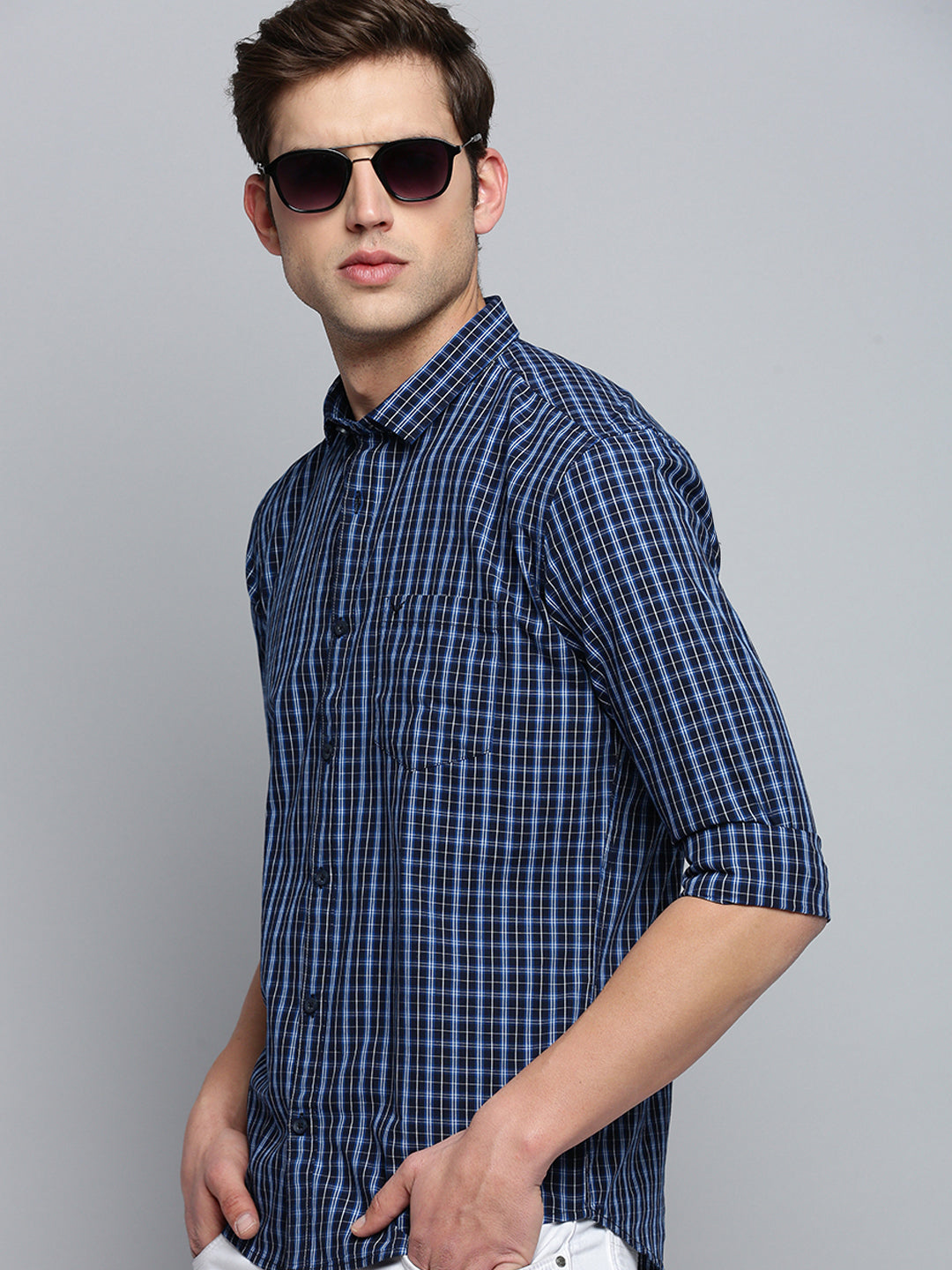 Men Spread Collar Checked Navy Blue Shirt