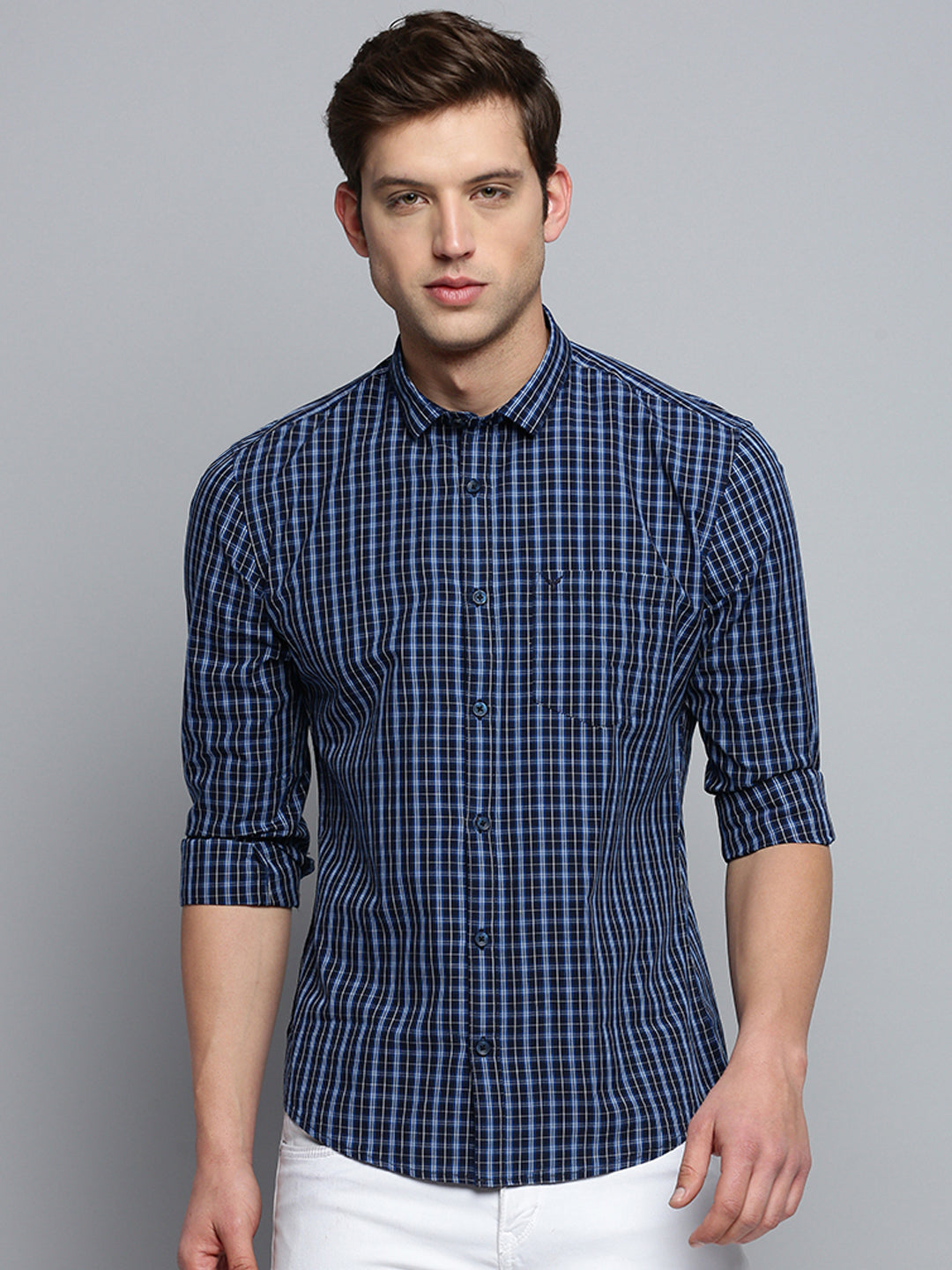 Men Spread Collar Checked Navy Blue Shirt