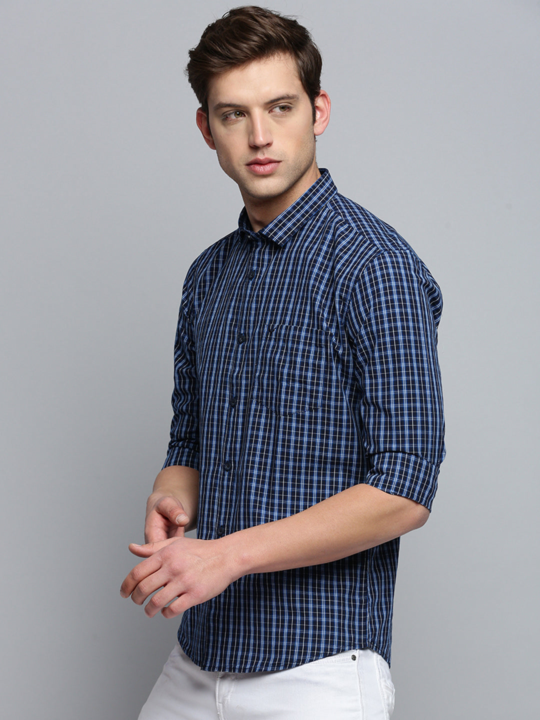 Men Spread Collar Checked Navy Blue Shirt