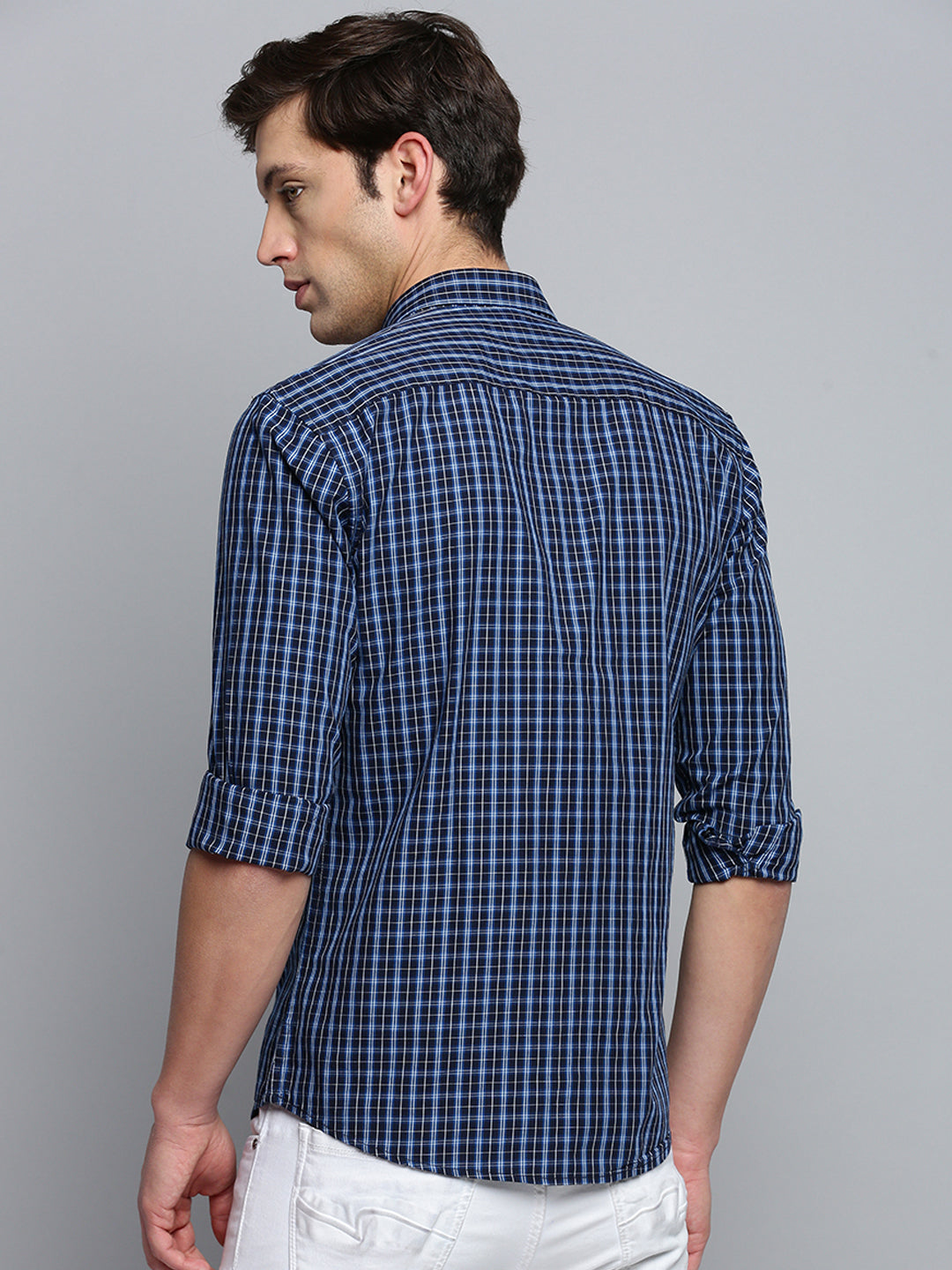 Men Spread Collar Checked Navy Blue Shirt