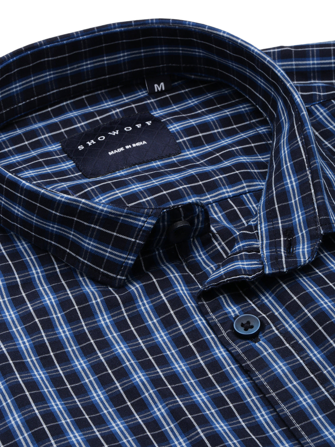 Men Spread Collar Checked Navy Blue Shirt