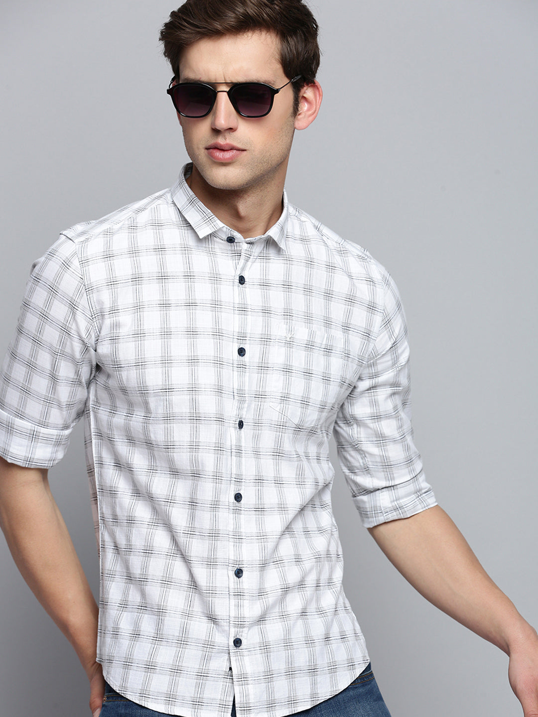 Men Spread Collar Checked White Shirt