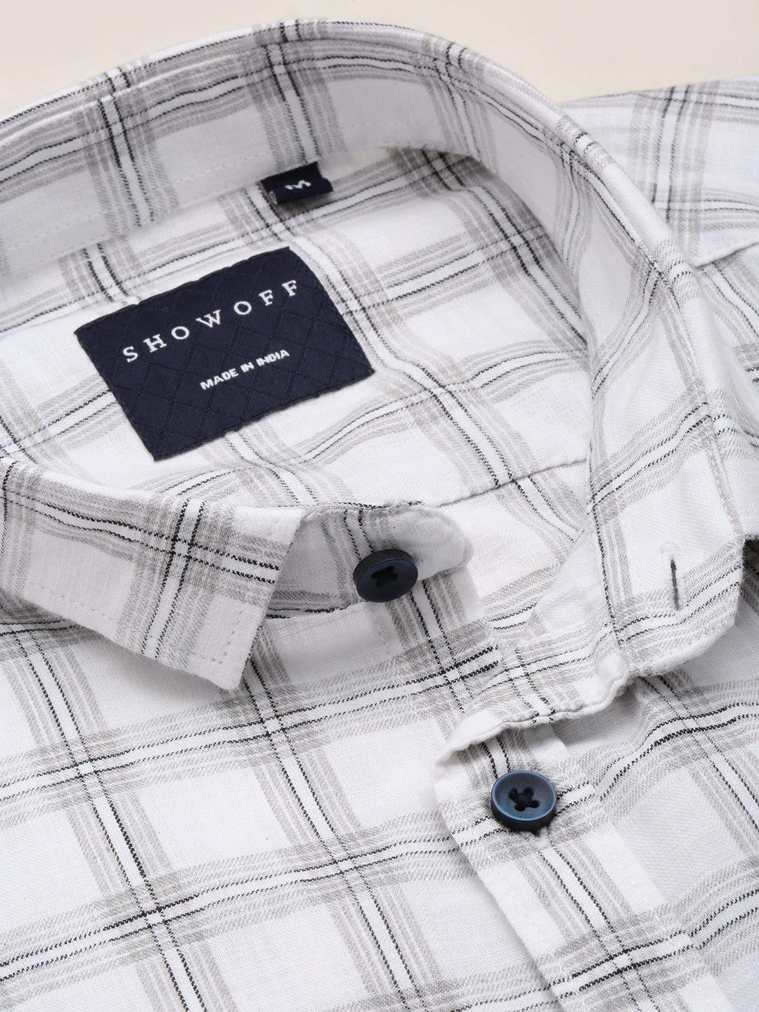 Men Spread Collar Checked White Shirt