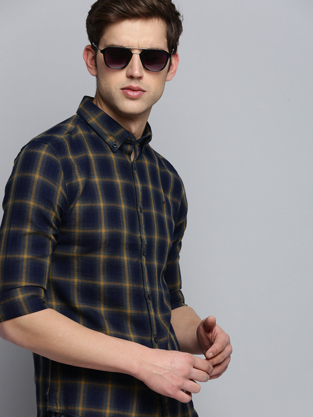 Men Spread Collar Checked Navy Blue Shirt