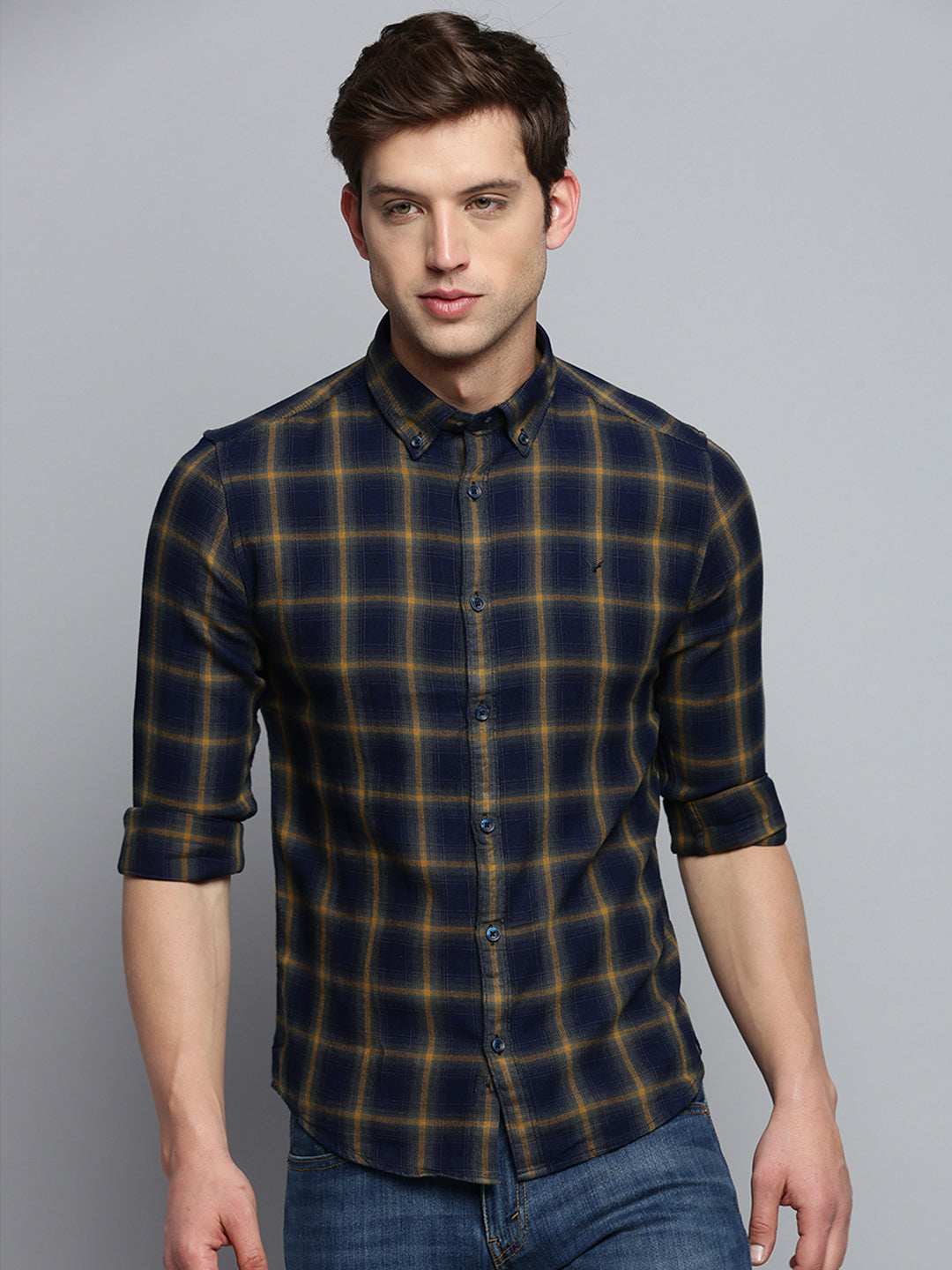 Men Spread Collar Checked Navy Blue Shirt