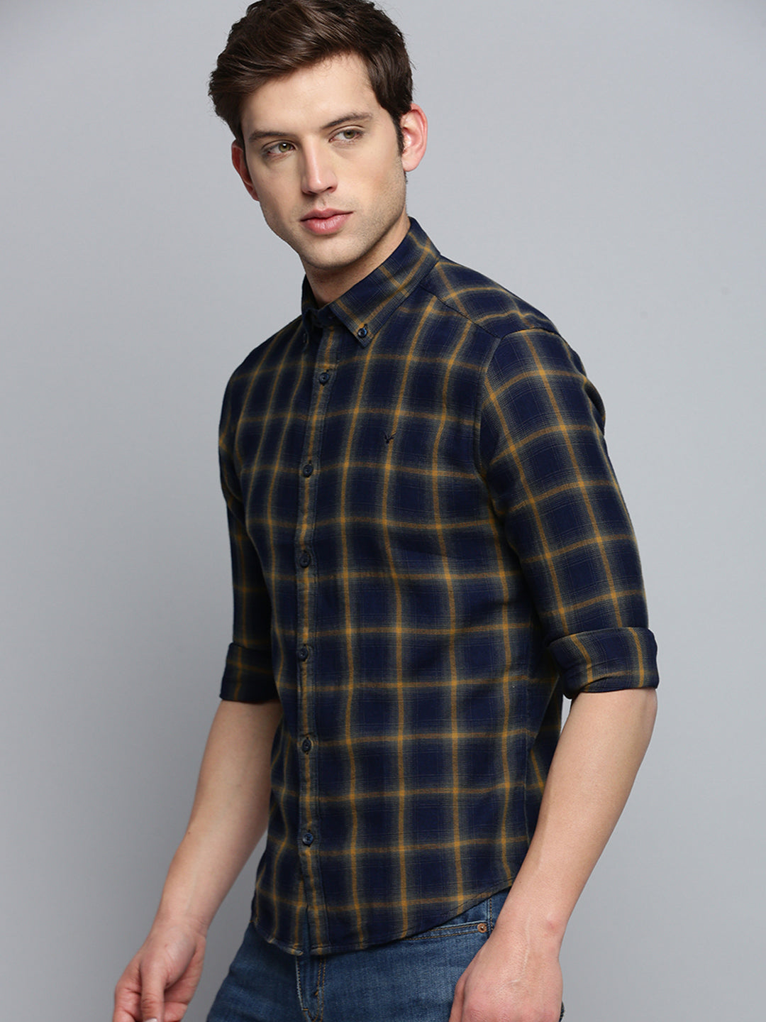 Men Spread Collar Checked Navy Blue Shirt