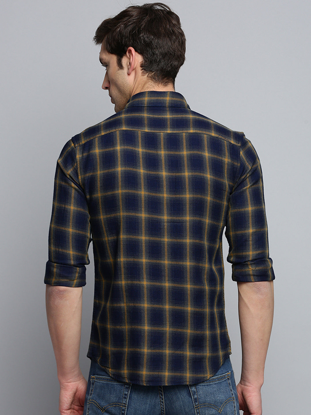 Men Spread Collar Checked Navy Blue Shirt