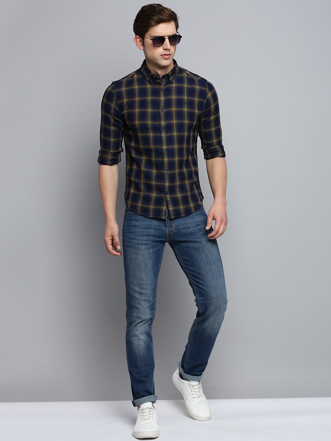 Men Spread Collar Checked Navy Blue Shirt