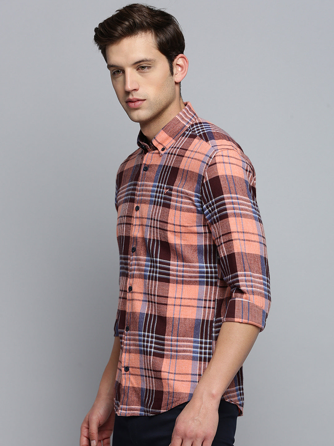 Men Spread Collar Checked Coral Shirt