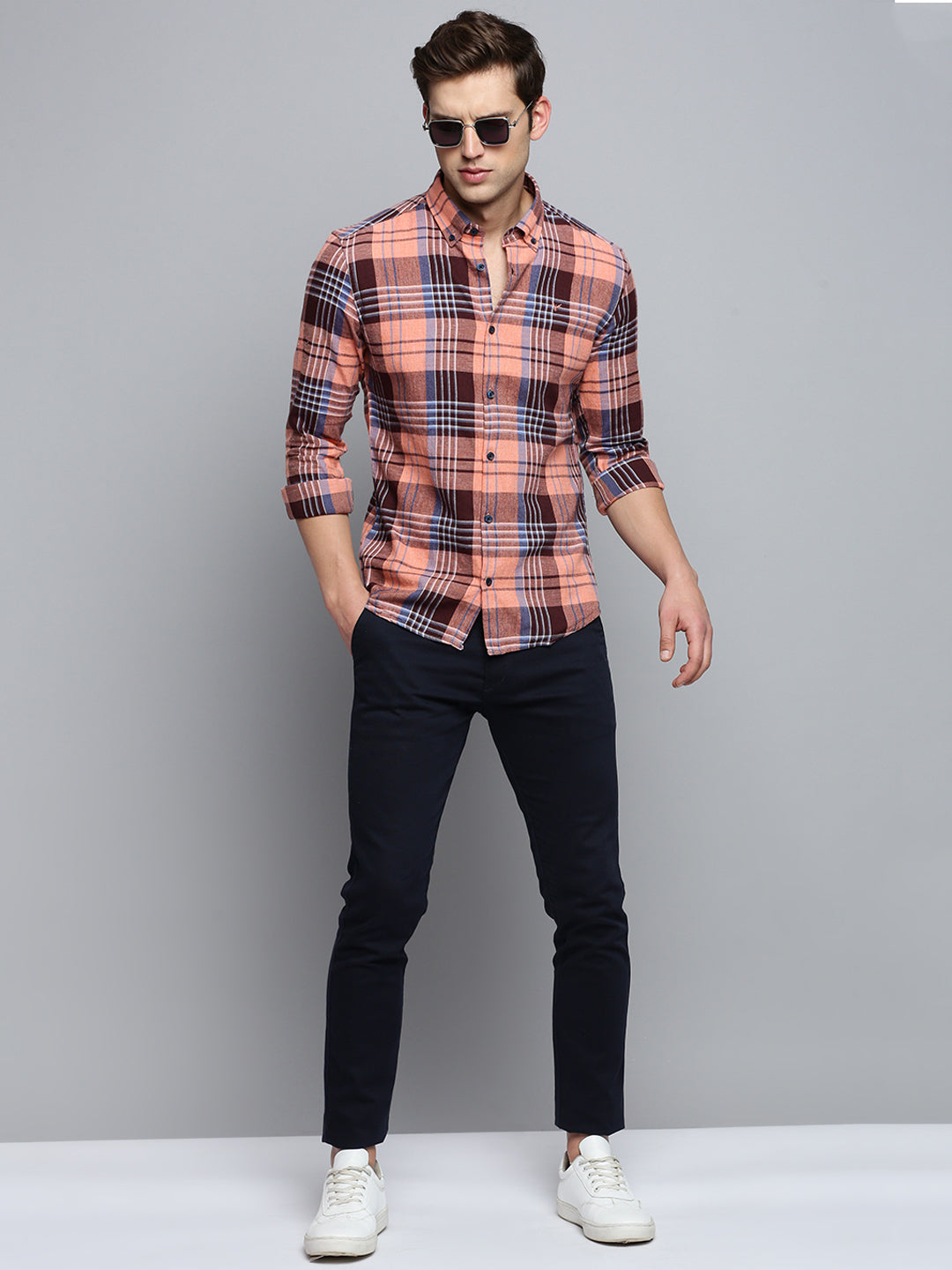 Men Spread Collar Checked Coral Shirt