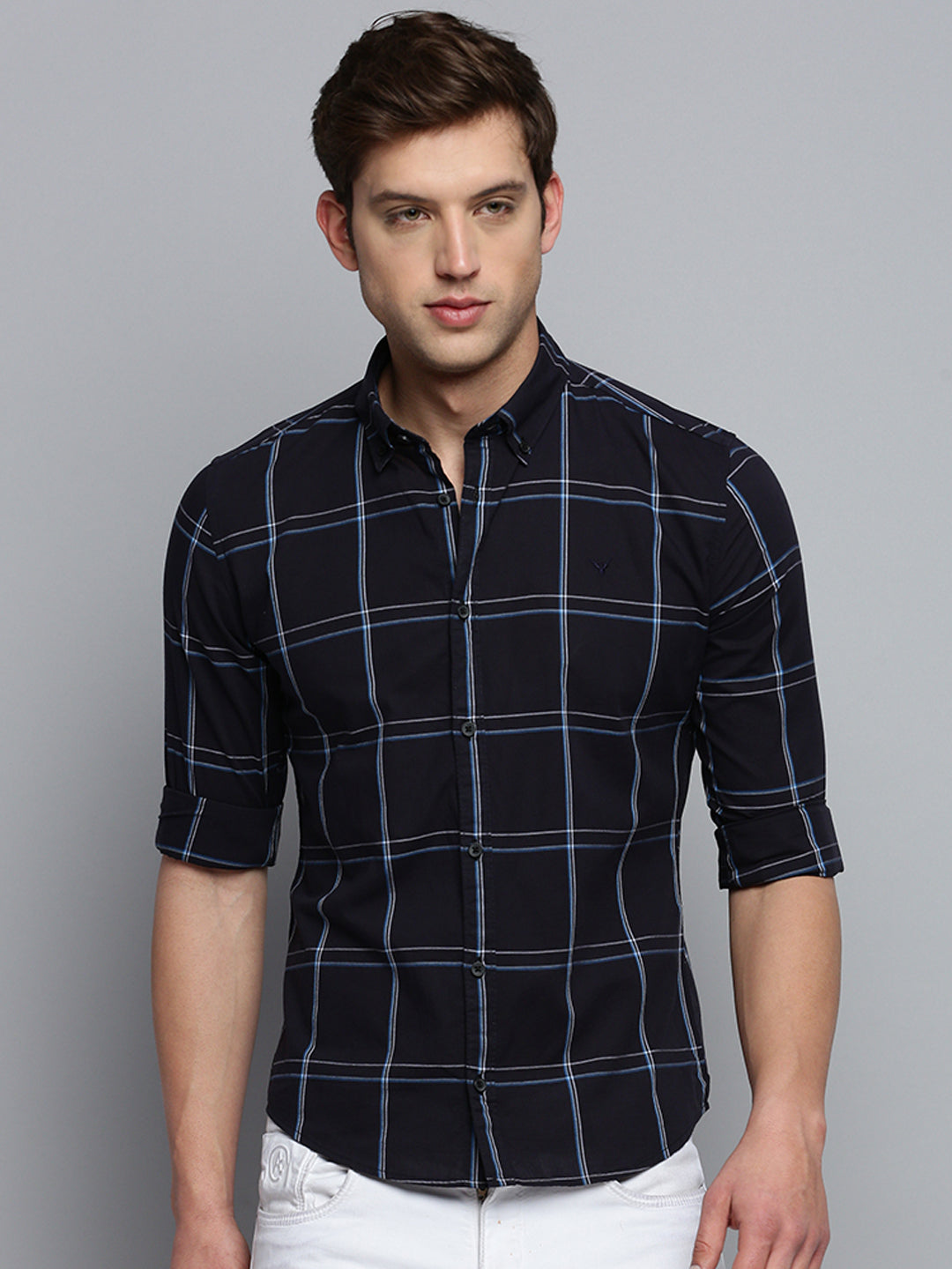 Men's Spread Collar Checked Navy Blue Shirt