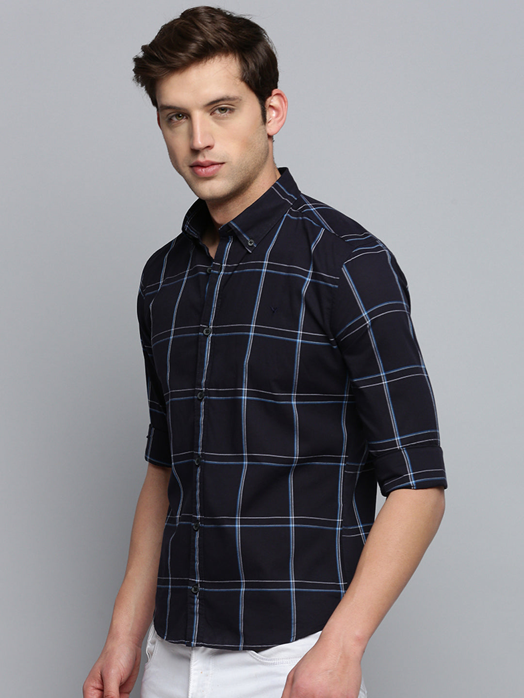 Men's Spread Collar Checked Navy Blue Shirt