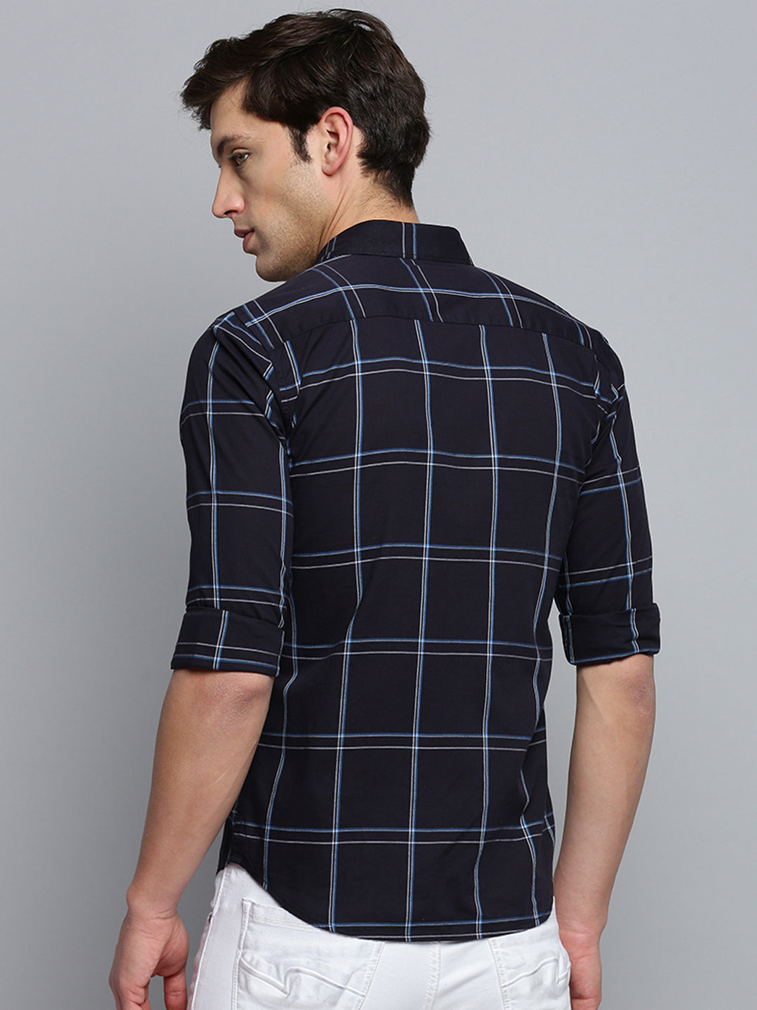 Men's Spread Collar Checked Navy Blue Shirt