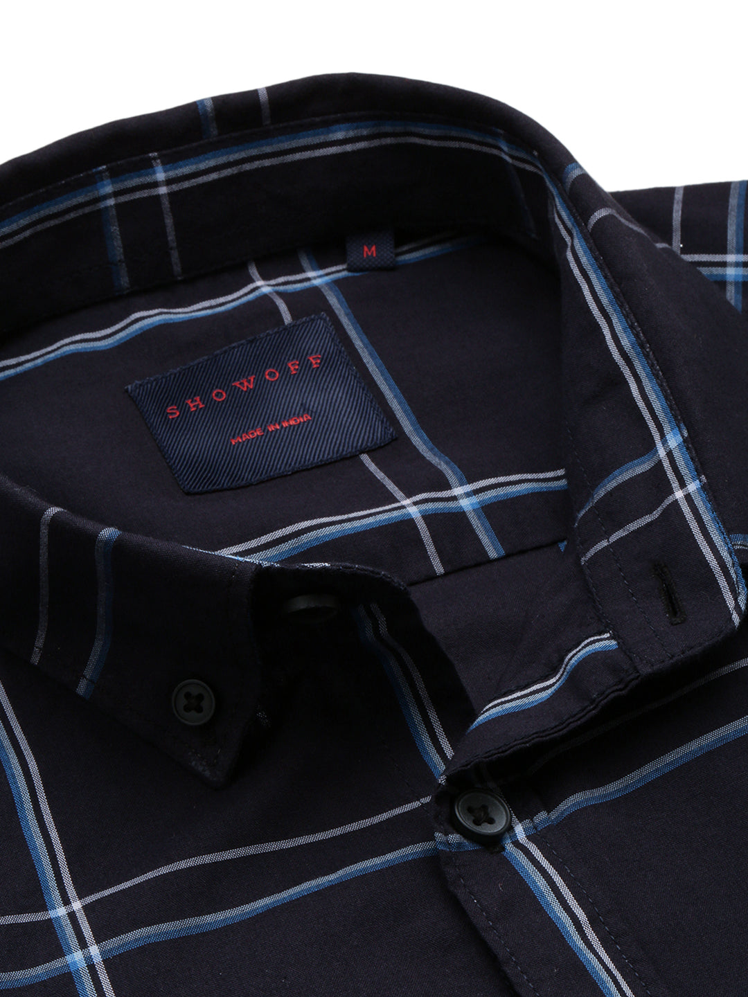 Men's Spread Collar Checked Navy Blue Shirt