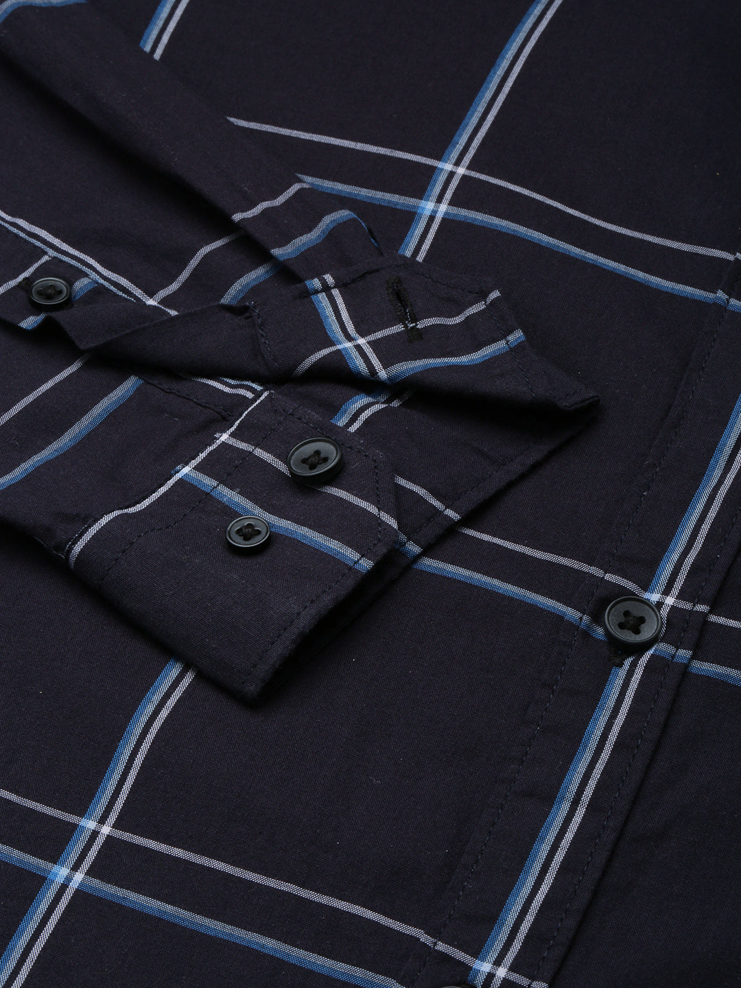 Men's Spread Collar Checked Navy Blue Shirt