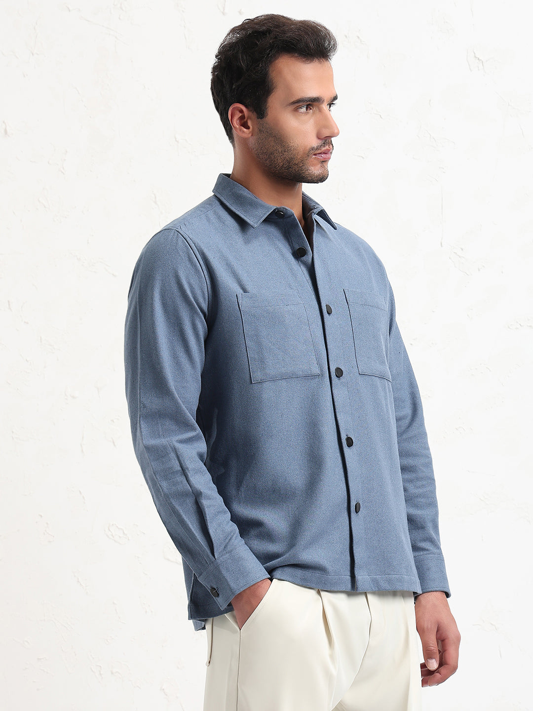 Men's Blue Solid Slim Fit Shacket