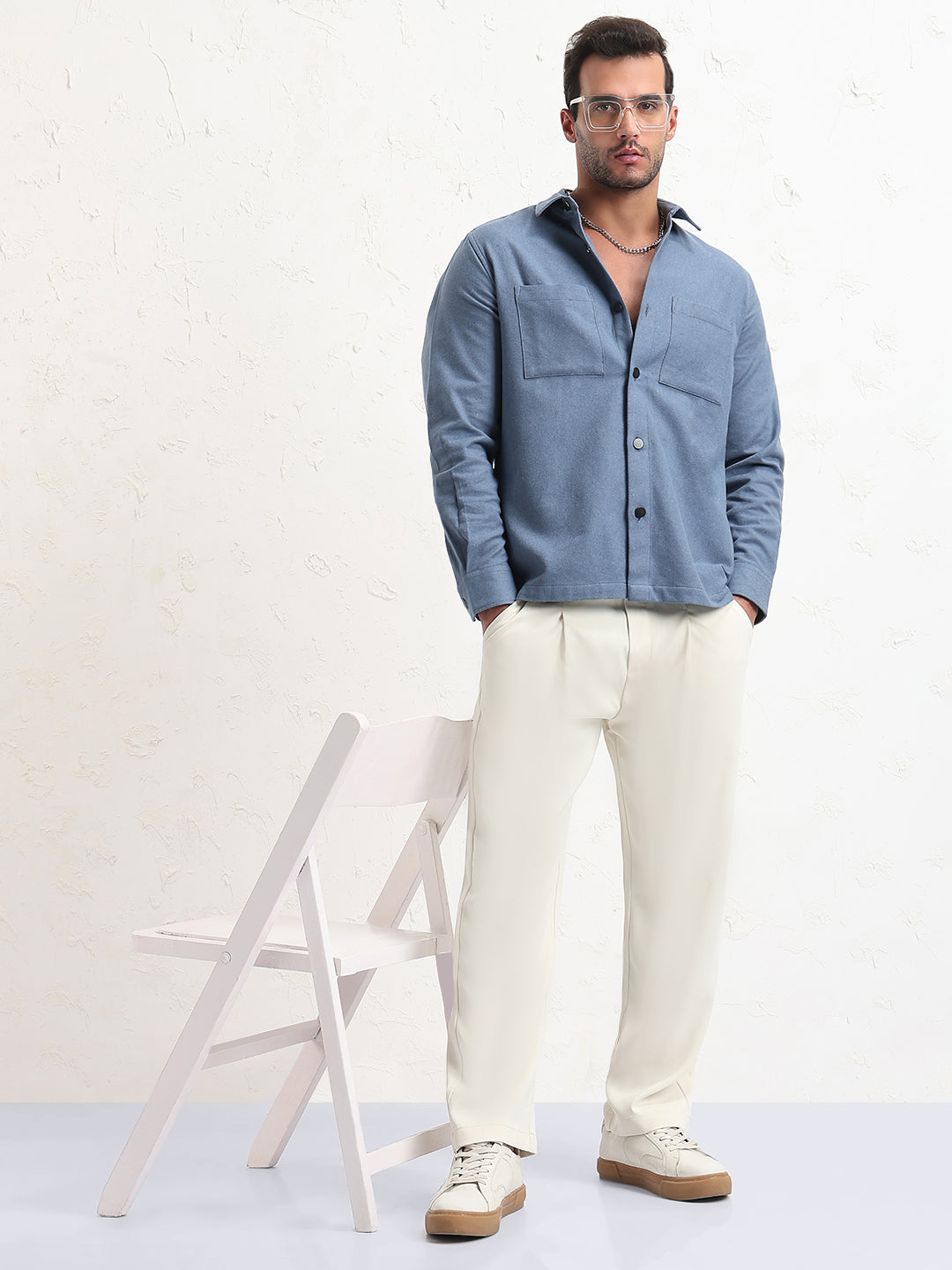 Men's Blue Solid Slim Fit Shacket