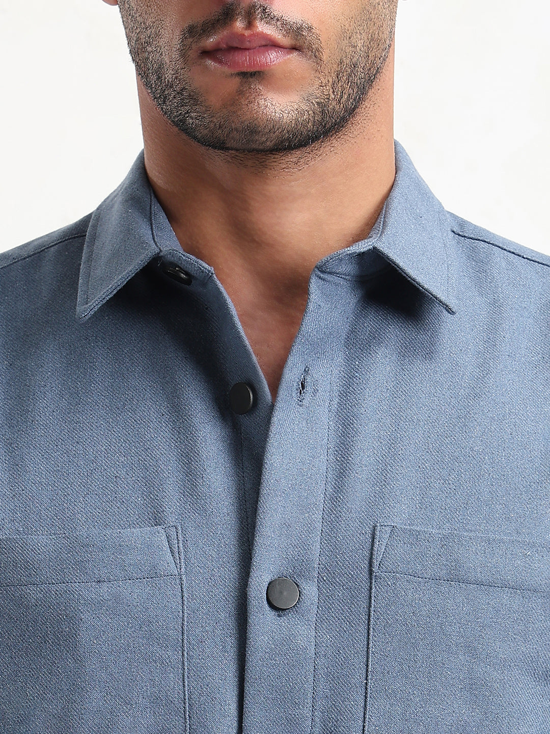 Men's Blue Solid Slim Fit Shacket