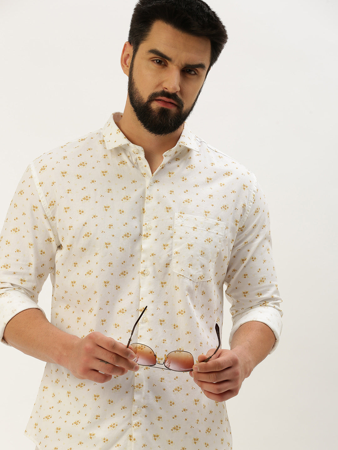 Men Spread Collar Printed White Shirt