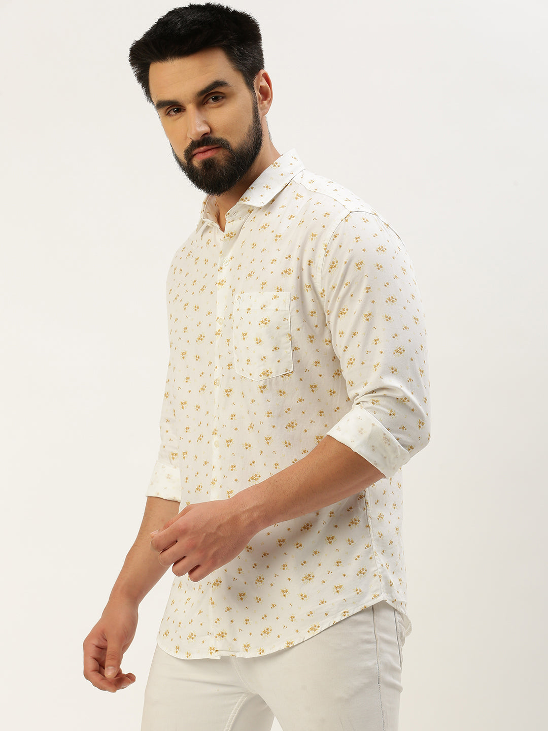 Men Spread Collar Printed White Shirt