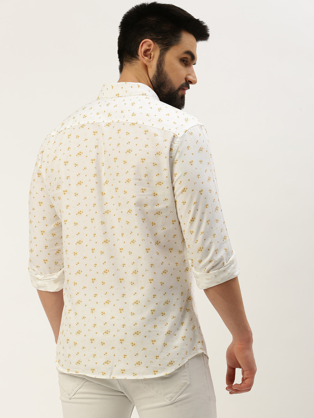 Men Spread Collar Printed White Shirt