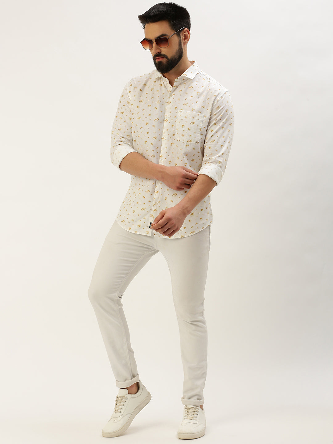 Men Spread Collar Printed White Shirt