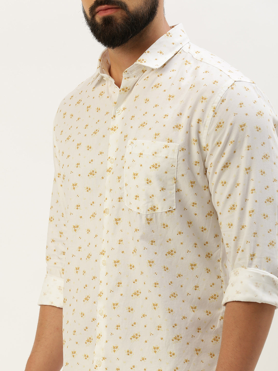 Men Spread Collar Printed White Shirt