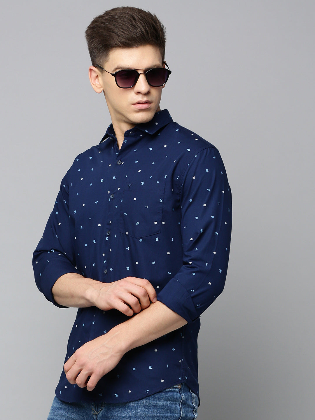 Men Spread Collar Printed Navy Blue Shirt