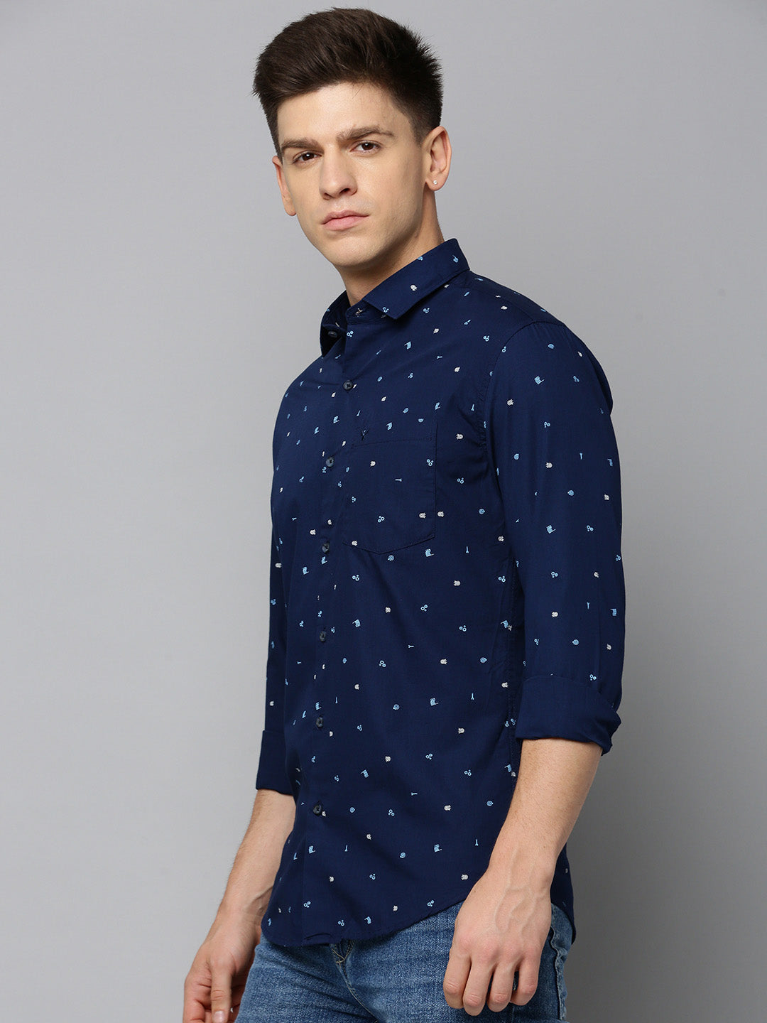 Men Spread Collar Printed Navy Blue Shirt