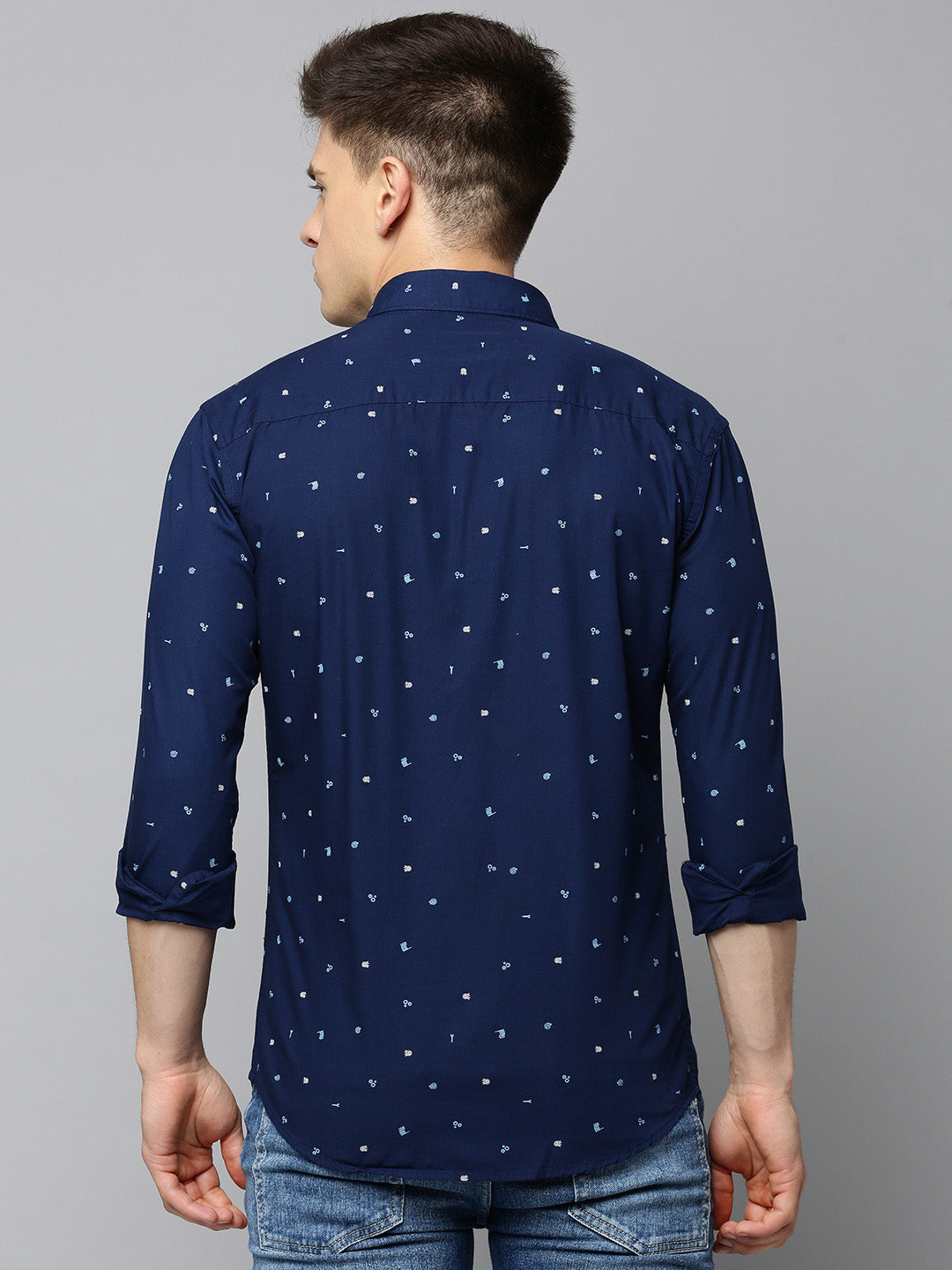 Men Spread Collar Printed Navy Blue Shirt