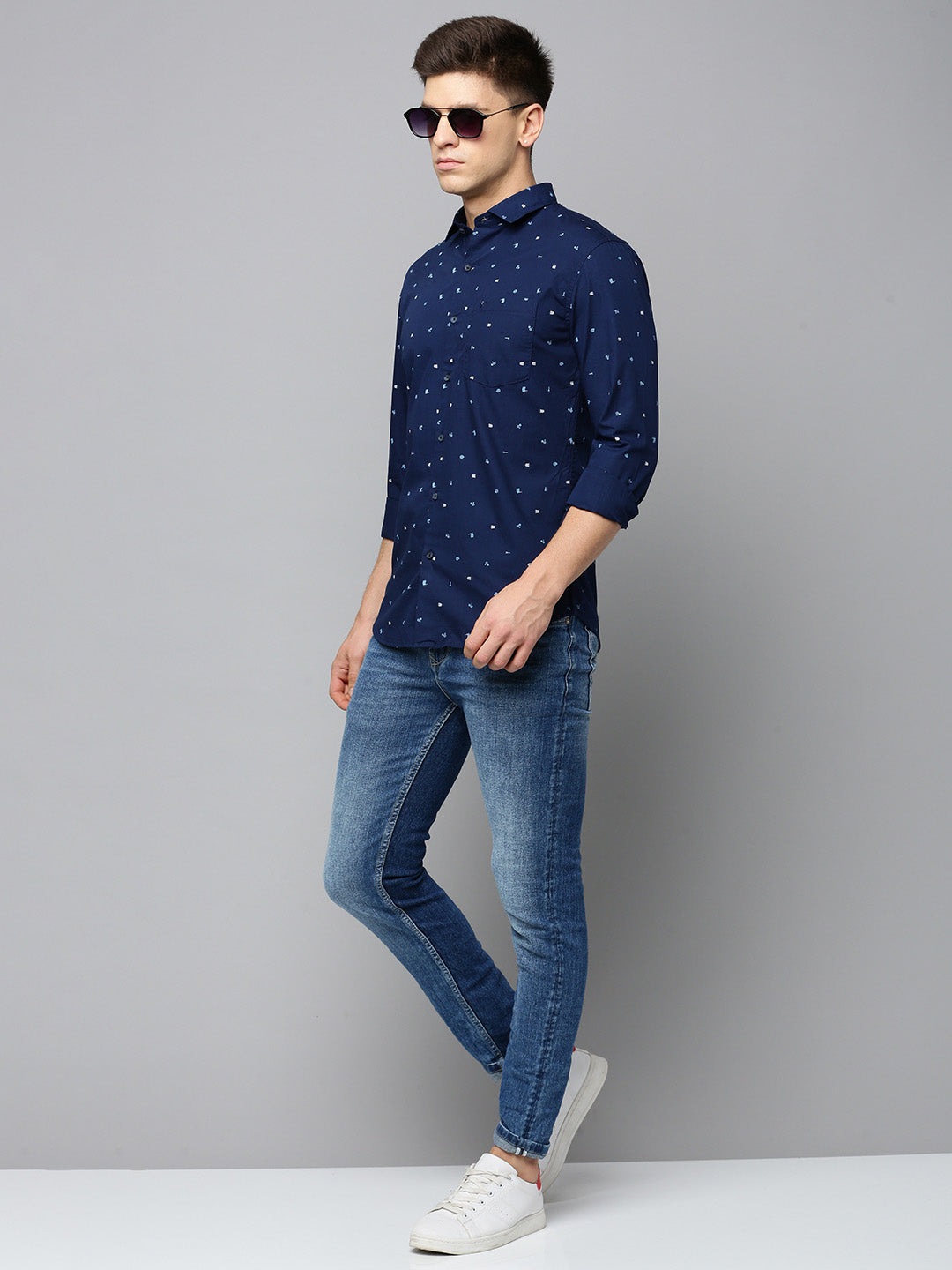 Men Spread Collar Printed Navy Blue Shirt