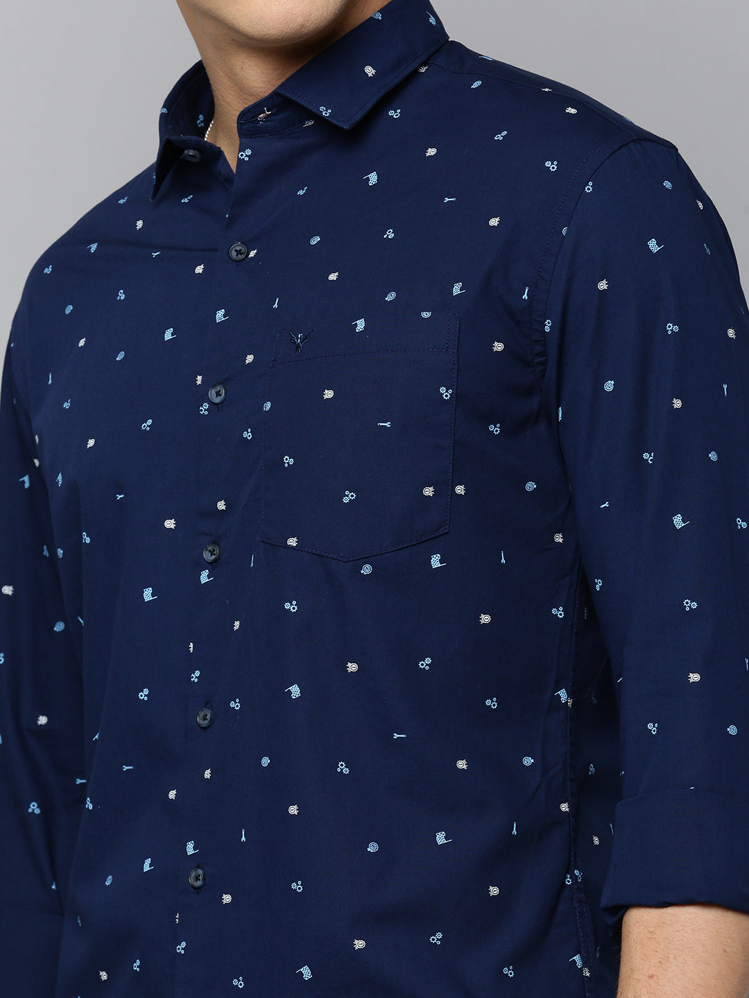 Men Spread Collar Printed Navy Blue Shirt