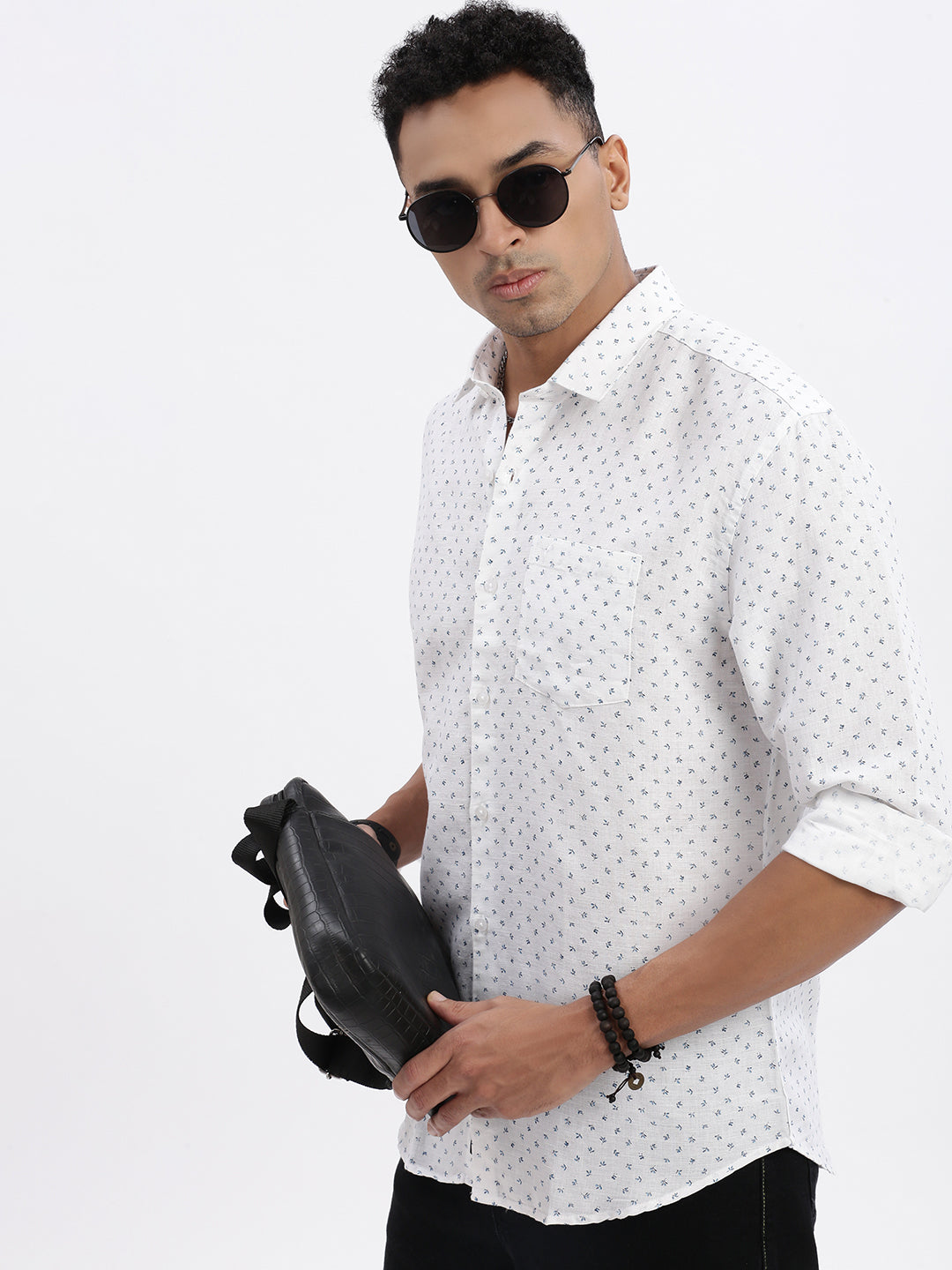 Men White Micro Print Slim Fit Shirt