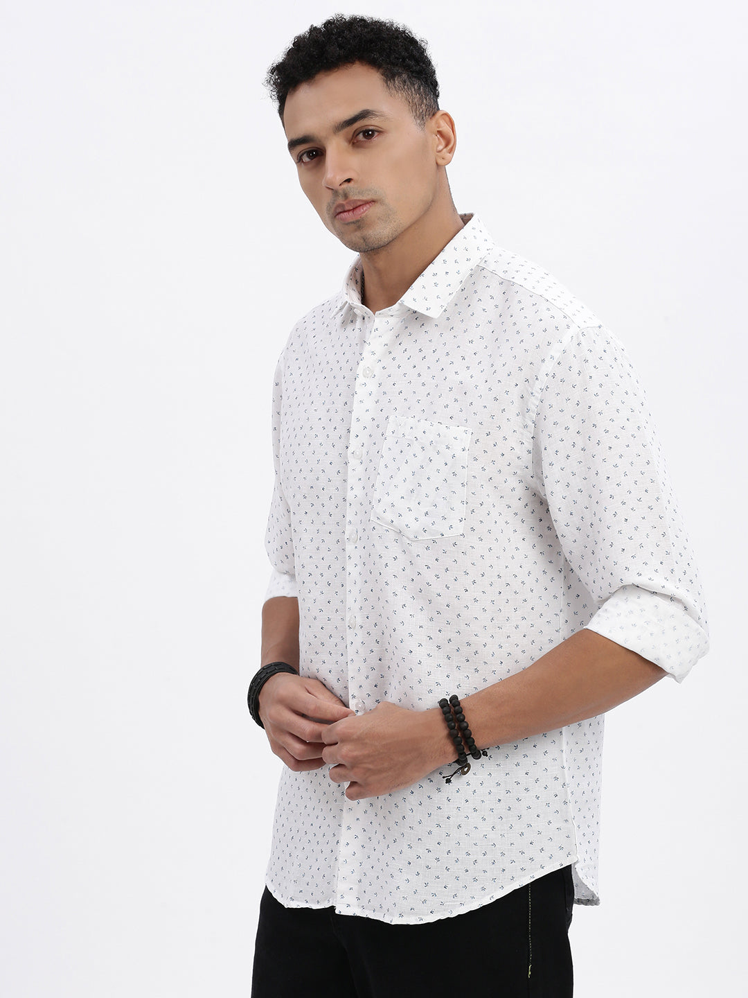 Men White Micro Print Slim Fit Shirt