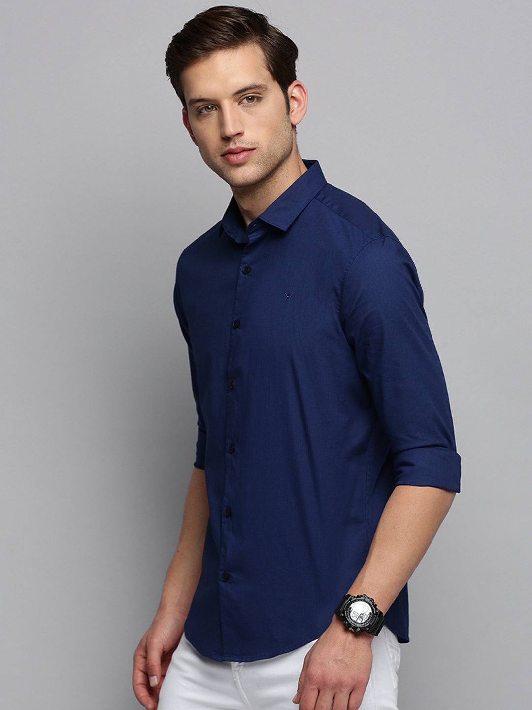 Men Spread Collar Solid Navy Blue Shirt