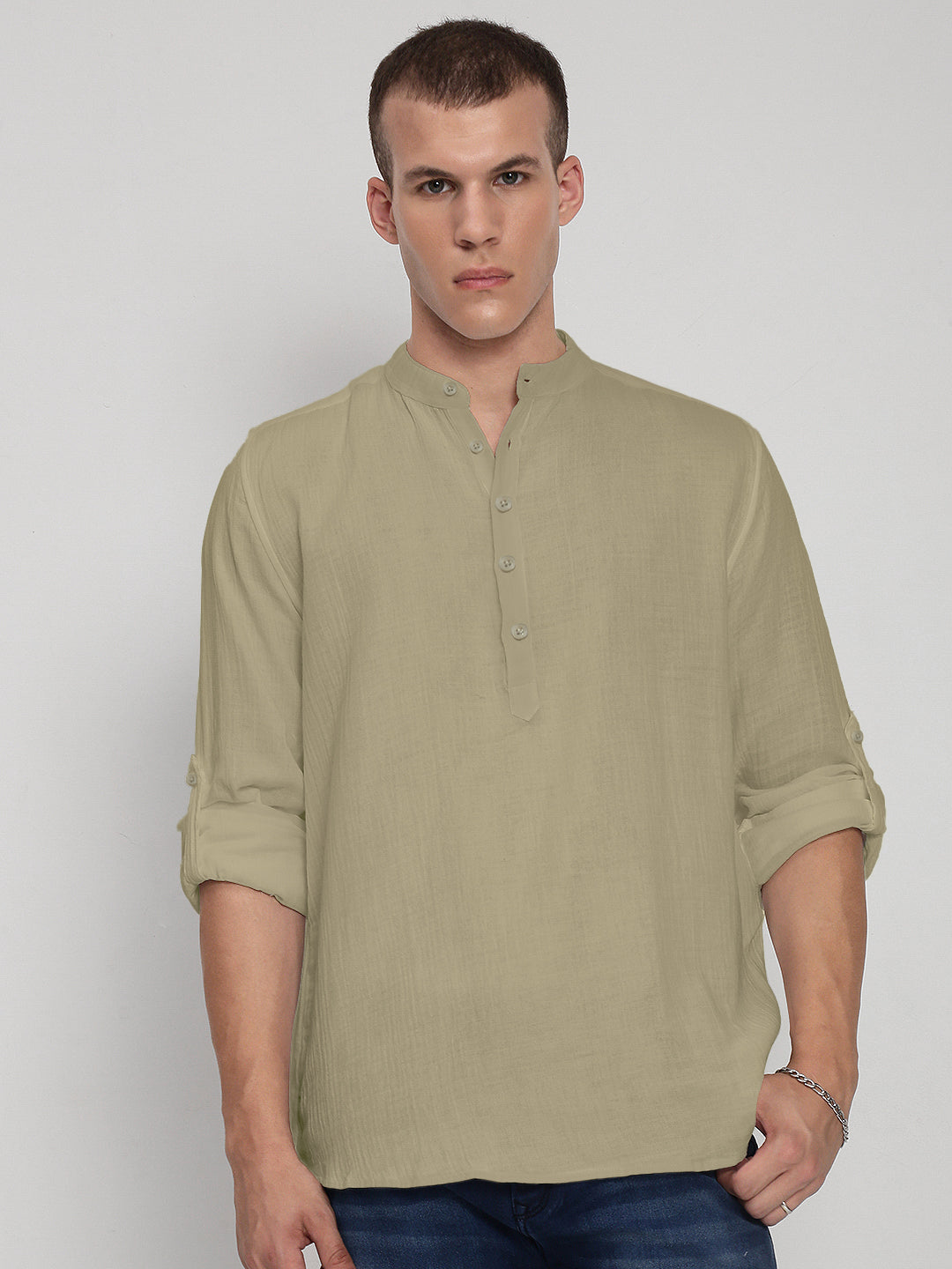 Men's Green Relaxed Fit Mandarin Collar Shirt