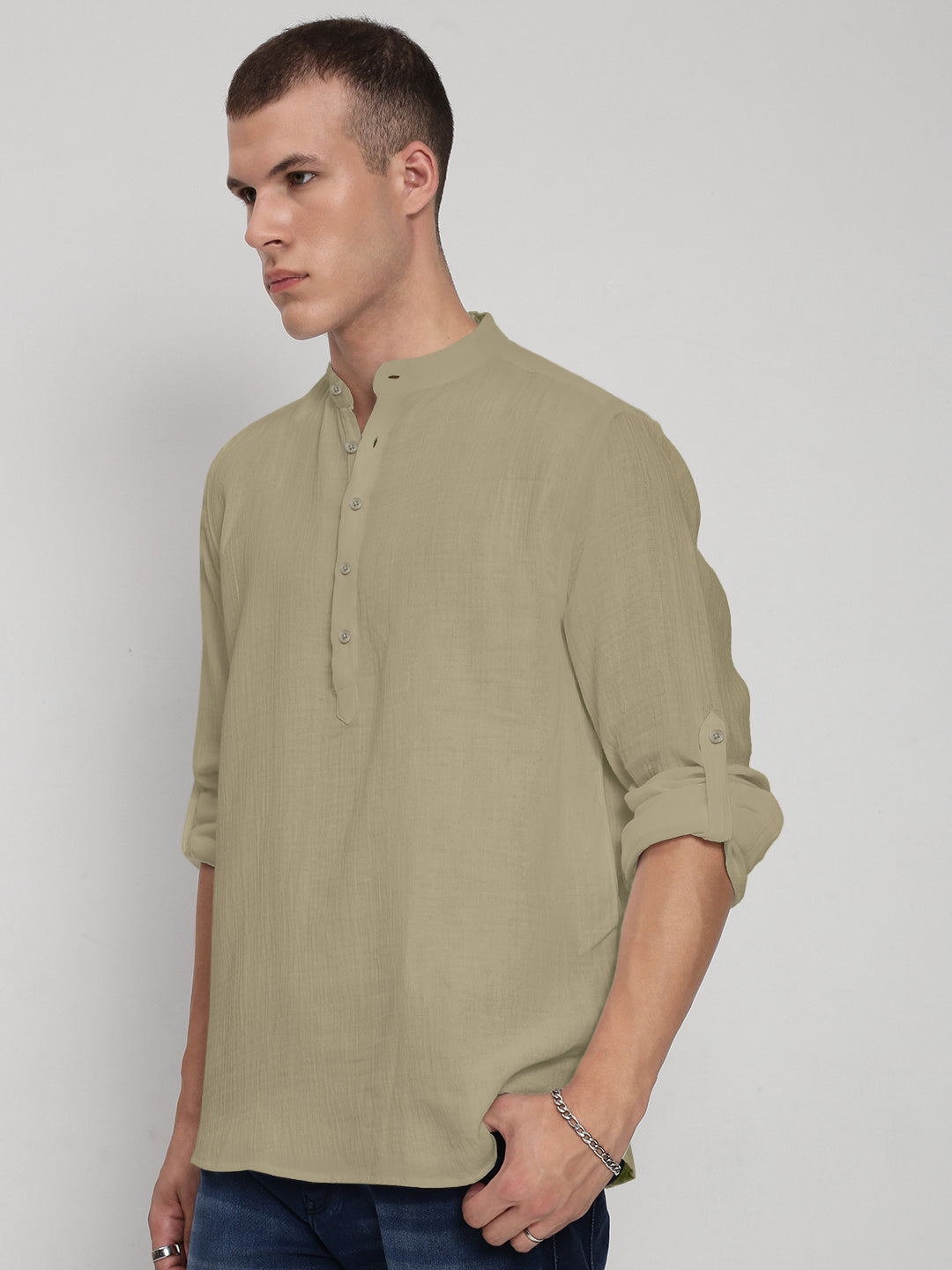 Men's Green Relaxed Fit Mandarin Collar Shirt