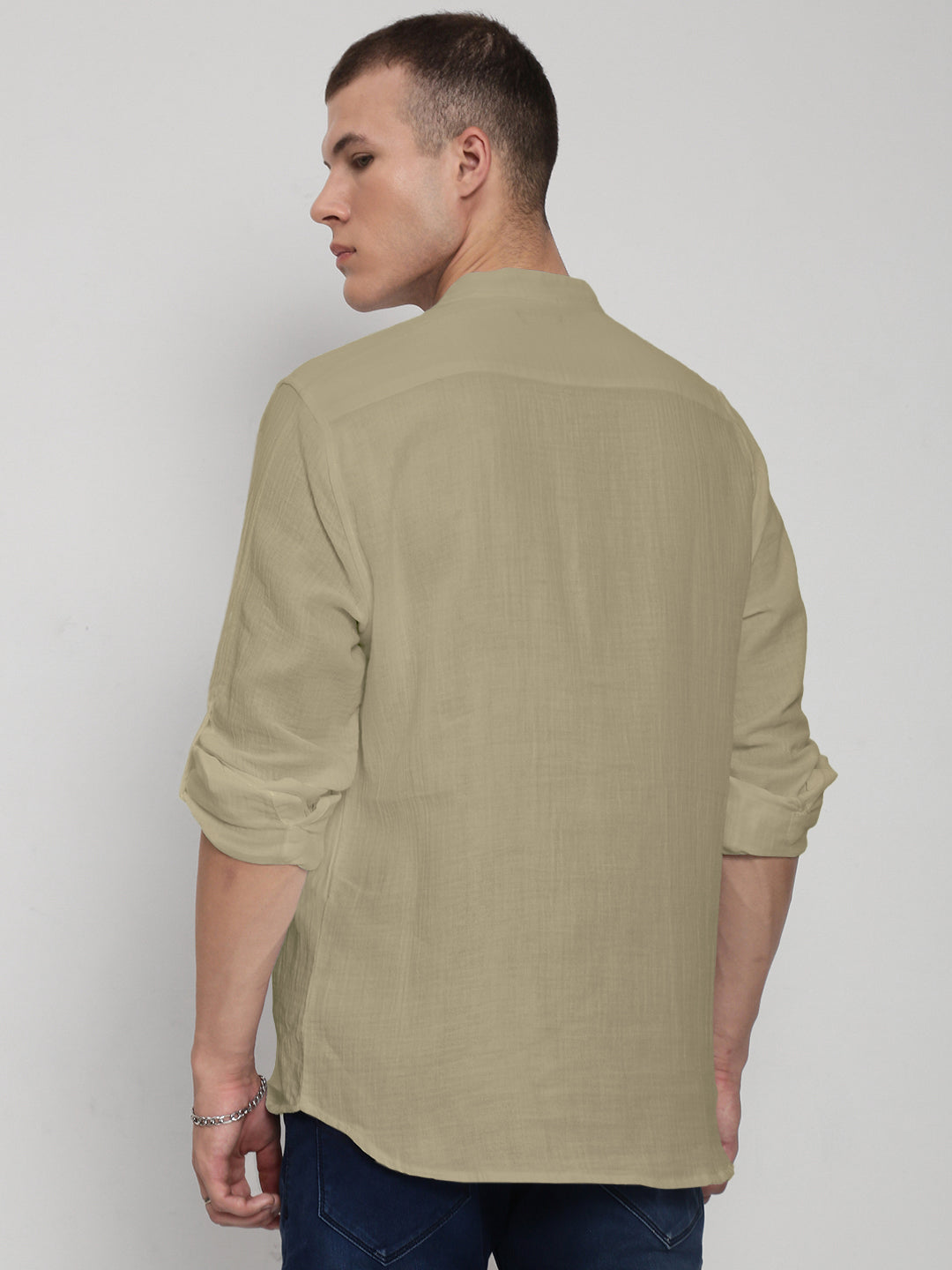 Men's Green Relaxed Fit Mandarin Collar Shirt