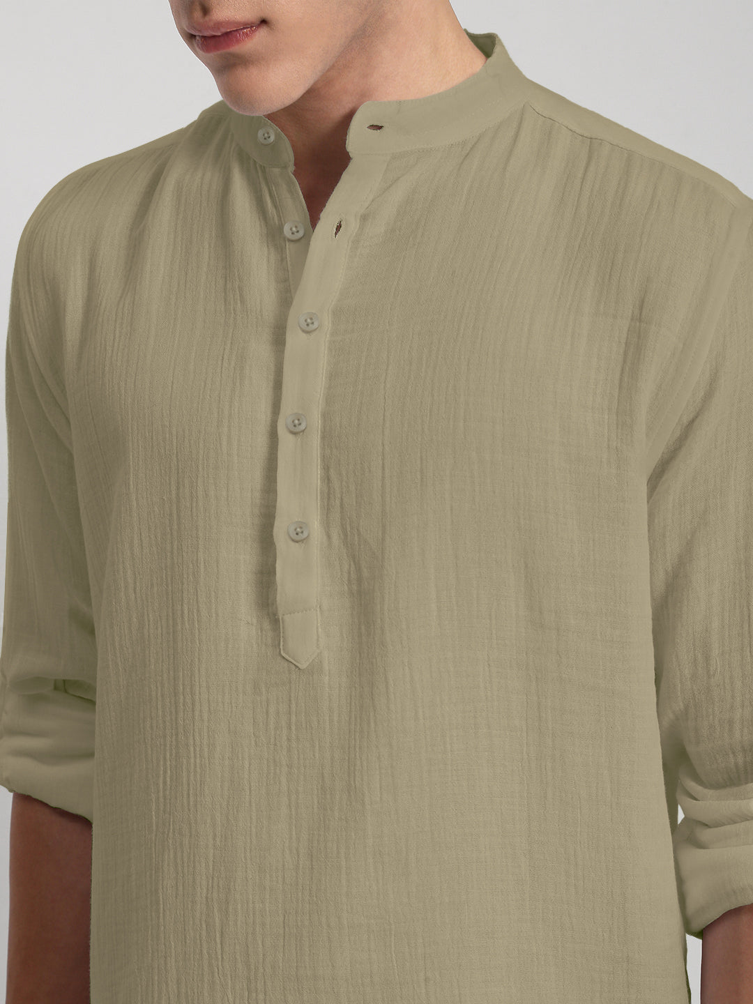 Men's Green Relaxed Fit Mandarin Collar Shirt