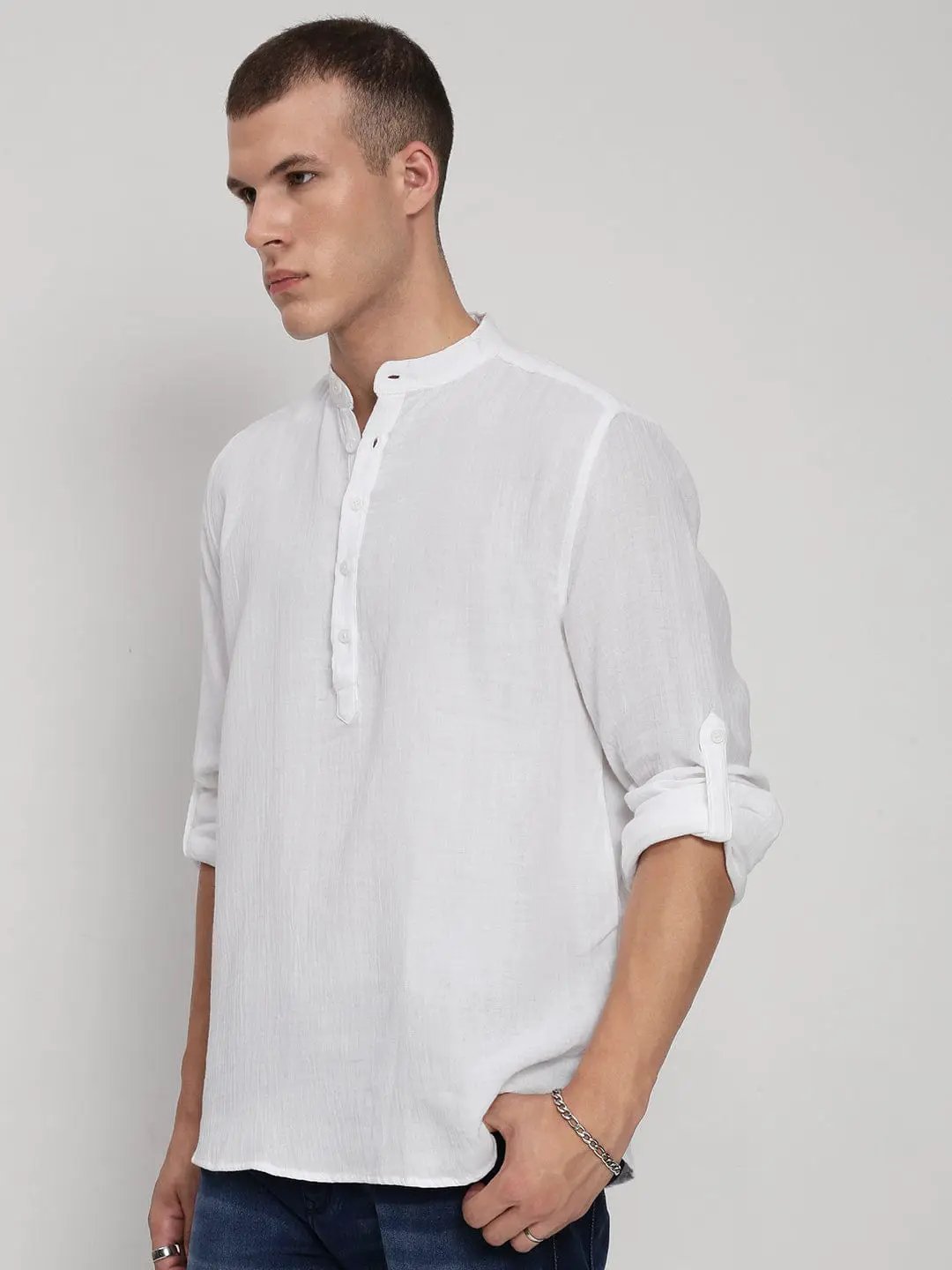Men's White Mandarin Collar Regular Fit Shirt - from SHOWOFFFF