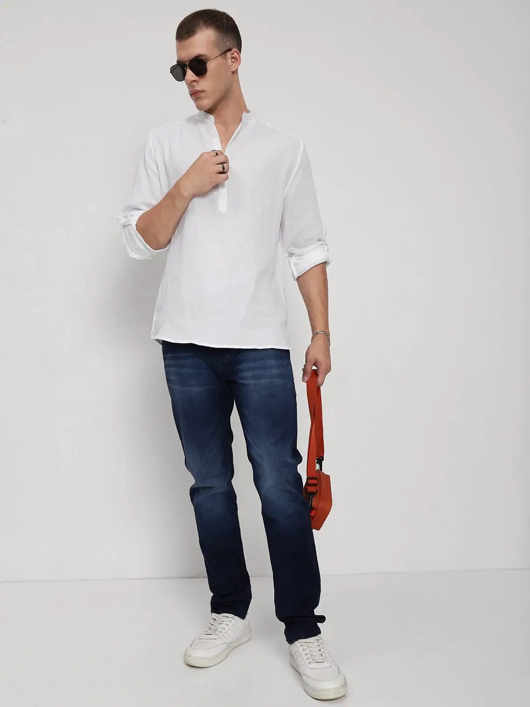 Men's White Mandarin Collar Regular Fit Shirt - from SHOWOFFFF