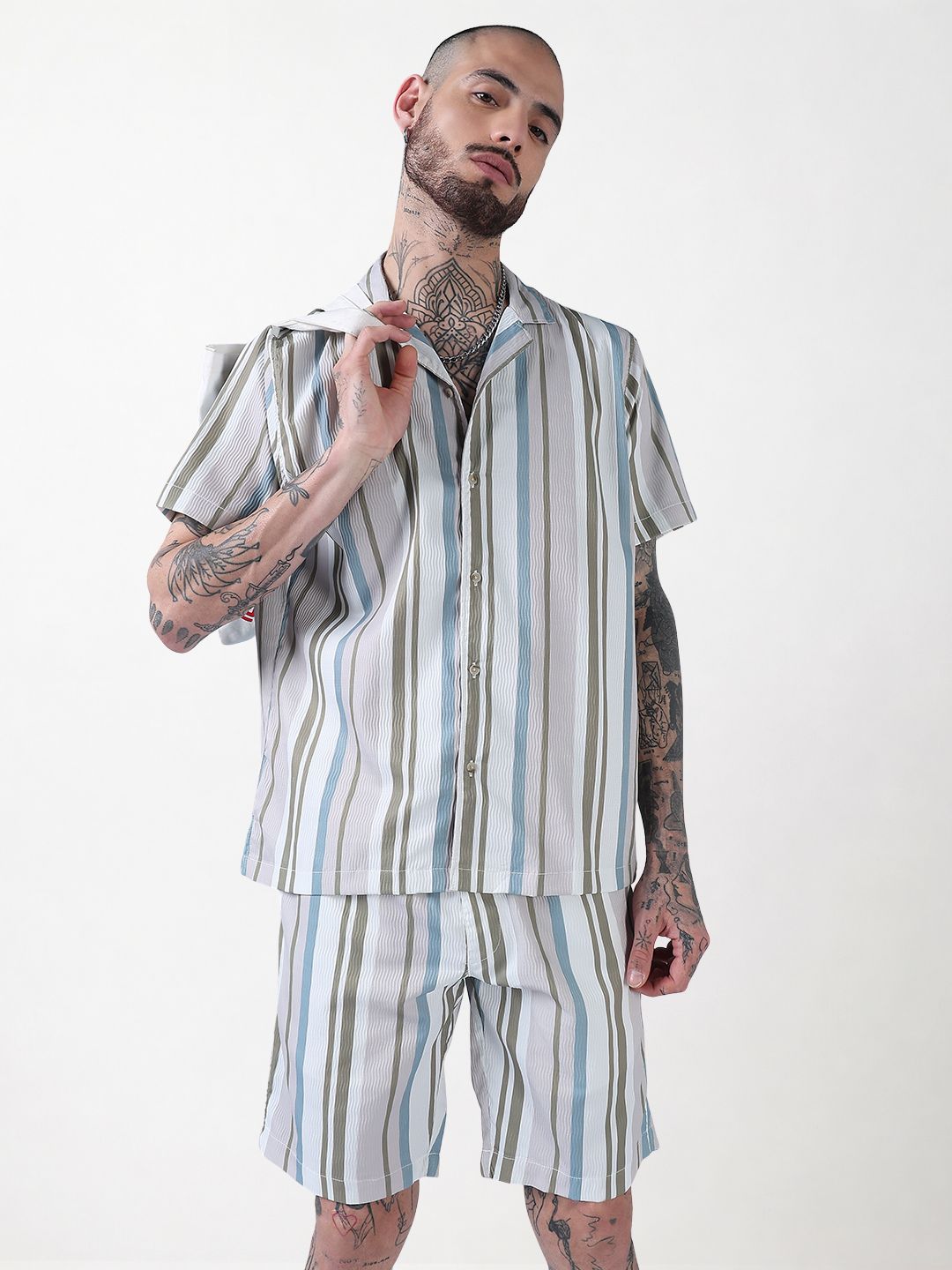 Men's Multi Striped Cuban Collar Relaxed Fit Co-Ords Set