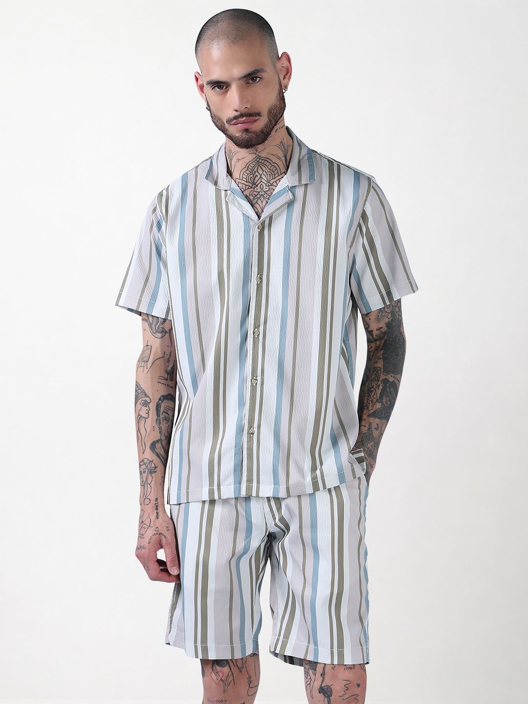 Men's Multi Striped Cuban Collar Relaxed Fit Co-Ords Set