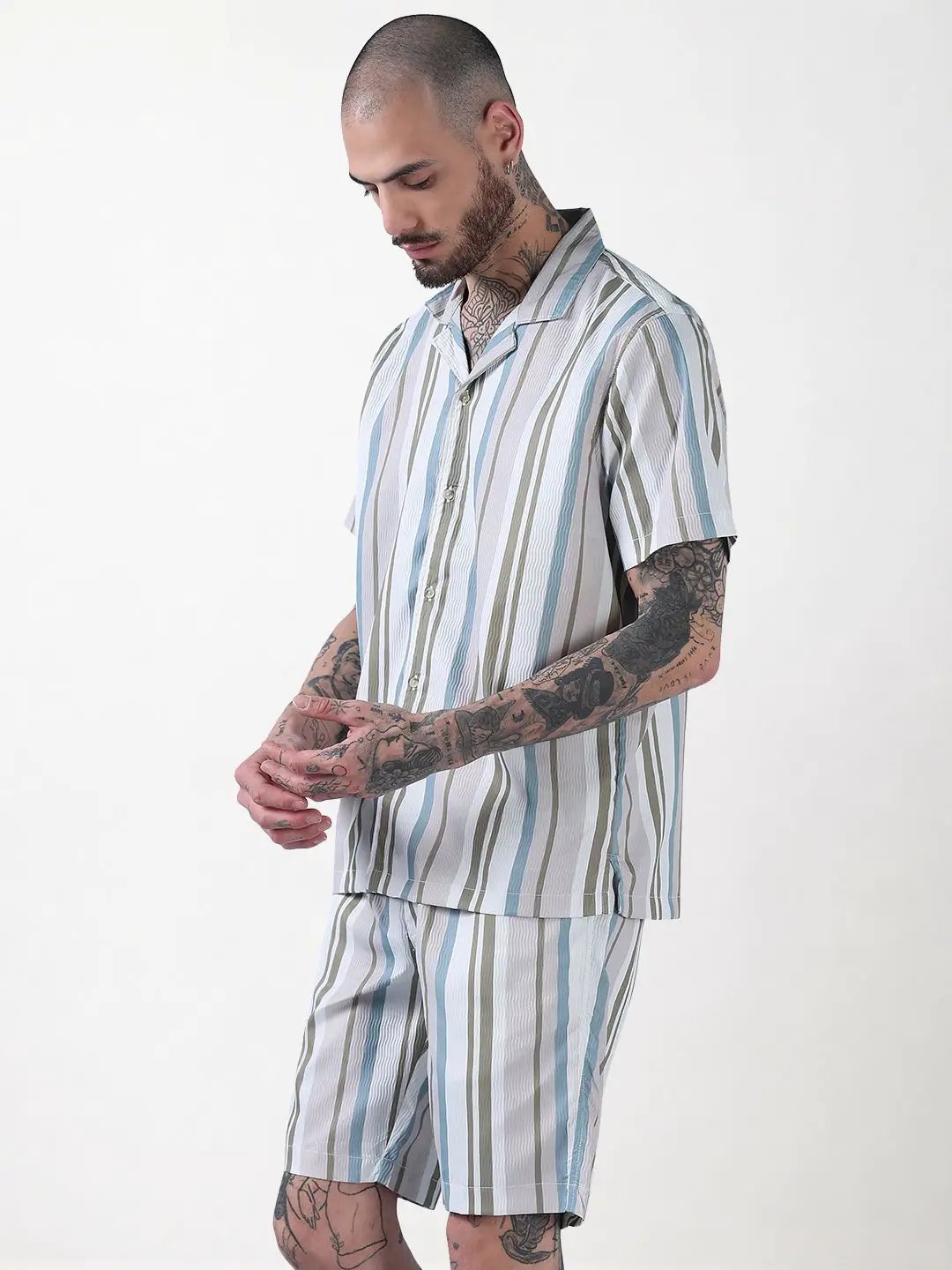 Men's Multi Striped Cuban Collar Relaxed Fit Co-Ords Set - Uncategorized from SHOWOFFFF