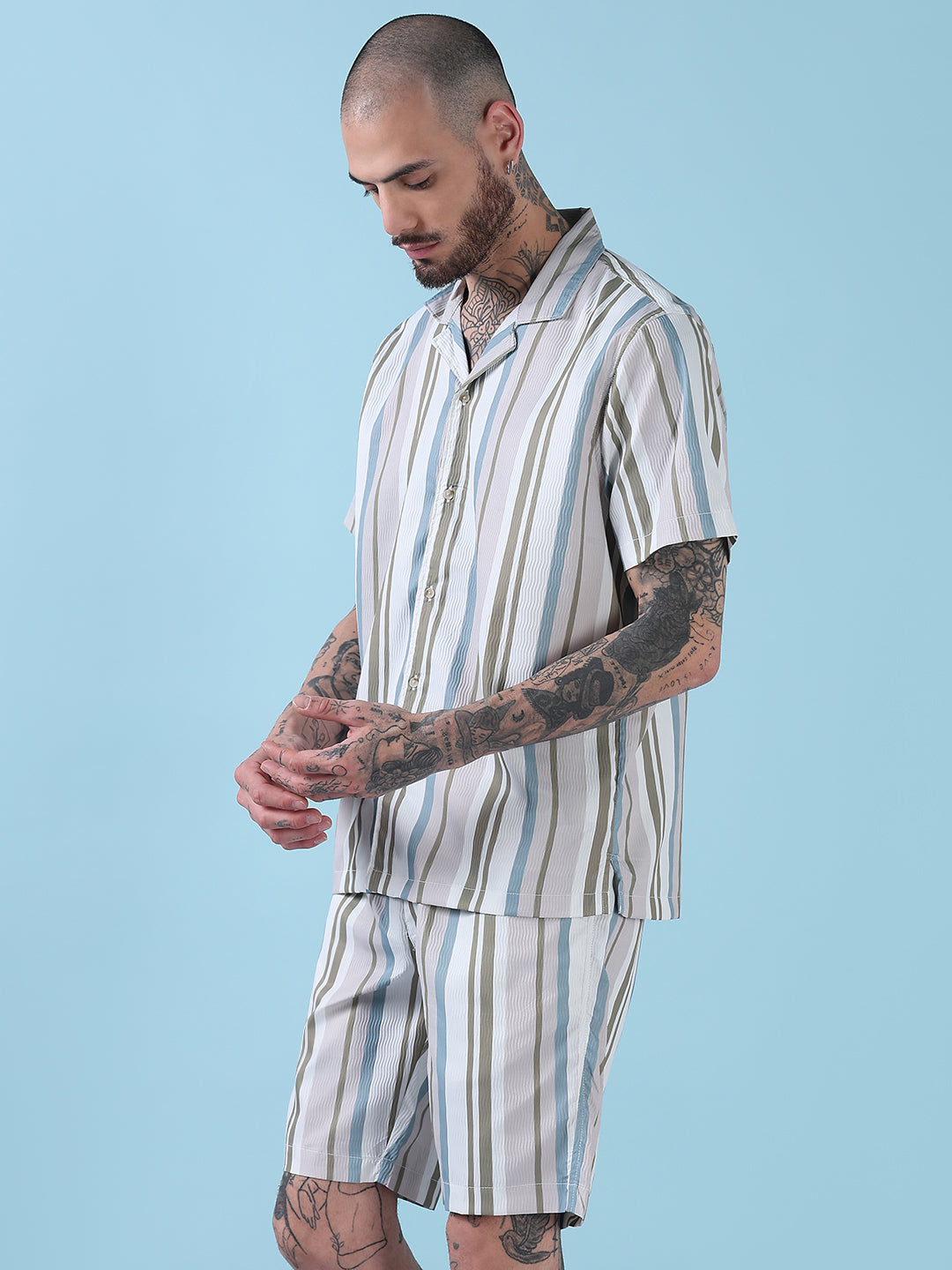 Men's Multi Striped Cuban Collar Relaxed Fit Co-Ords Set