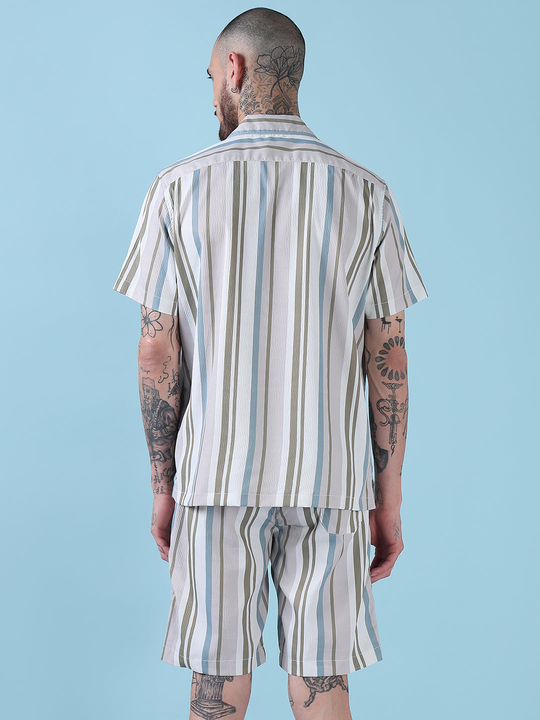 Men's Multi Striped Cuban Collar Relaxed Fit Co-Ords Set