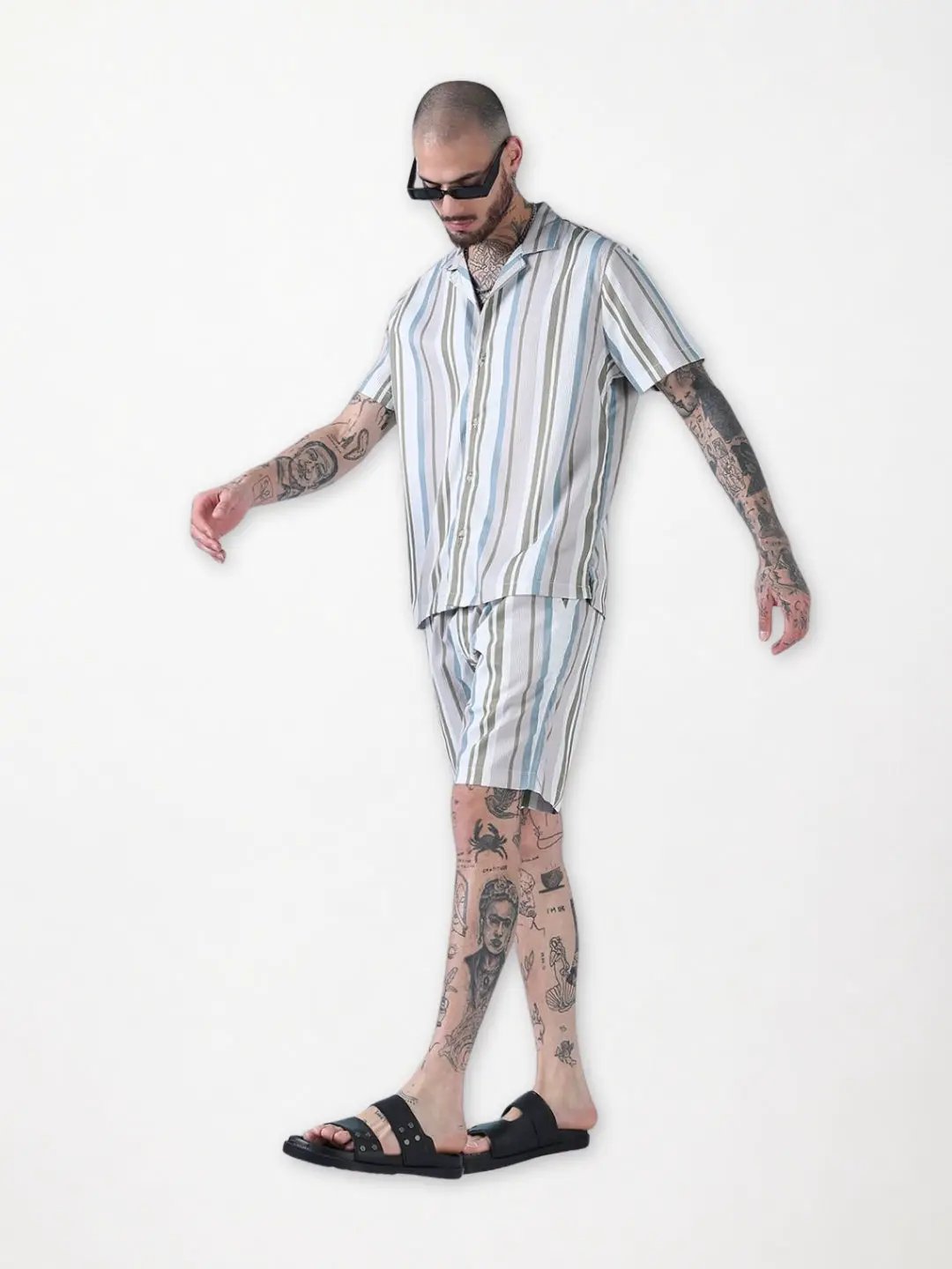 Men's Multi Striped Cuban Collar Relaxed Fit Co-Ords Set - Uncategorized from SHOWOFFFF