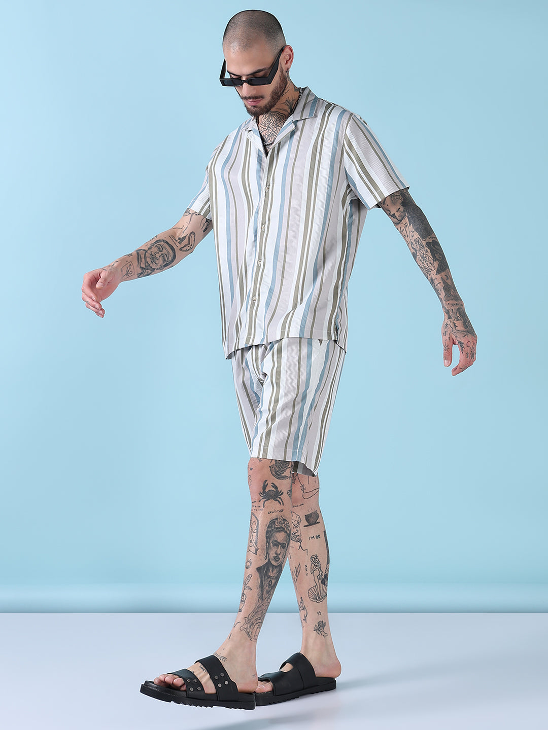 Men's Multi Striped Cuban Collar Relaxed Fit Co-Ords Set