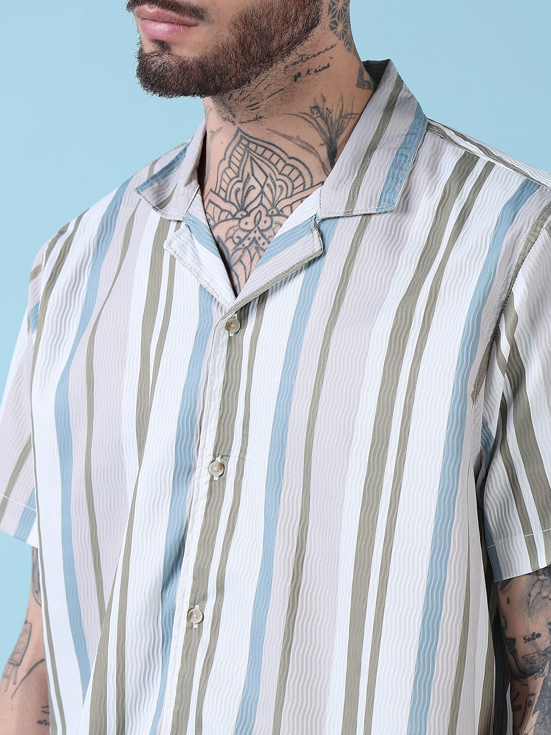 Men's Multi Striped Cuban Collar Relaxed Fit Co-Ords Set