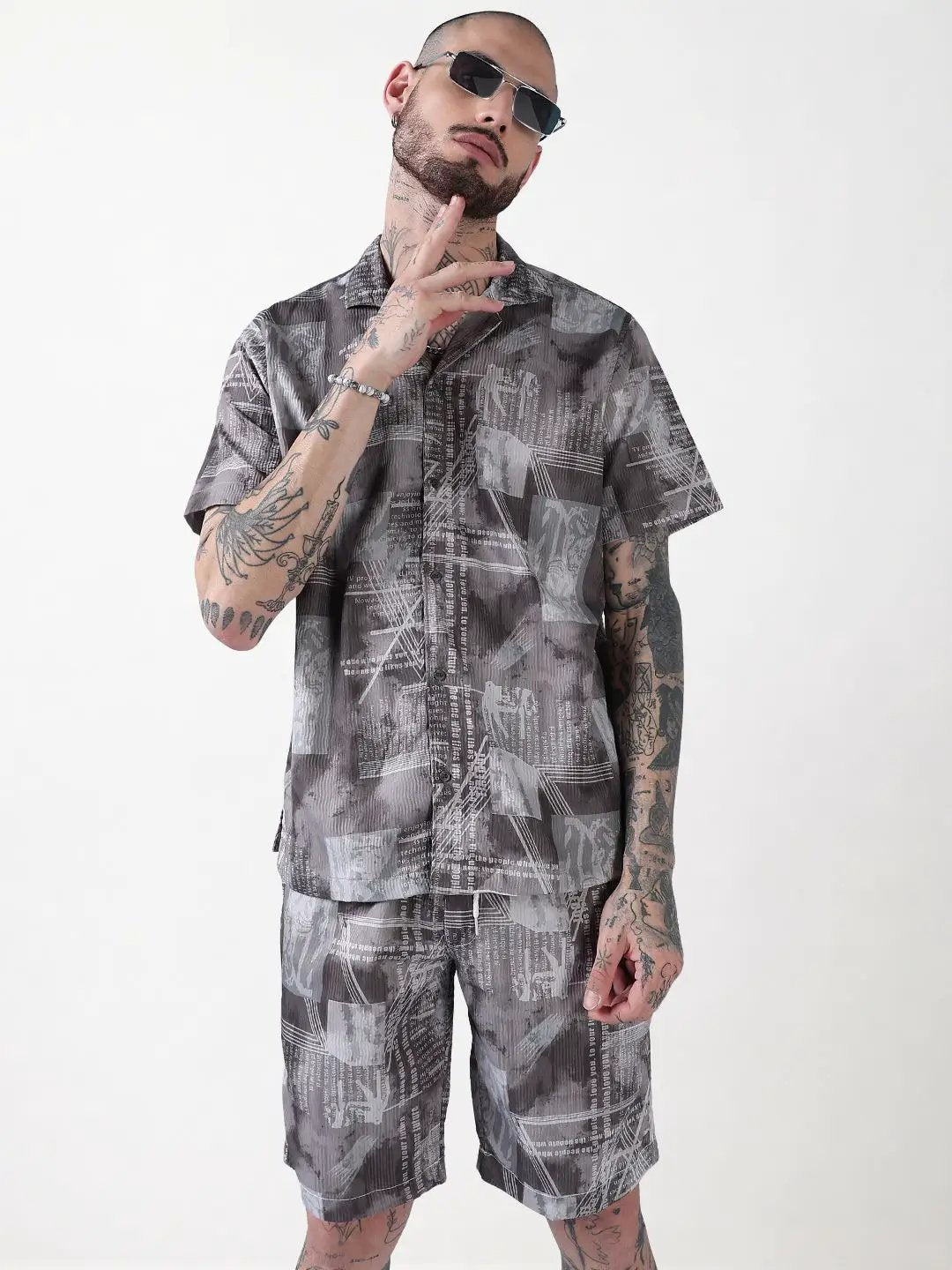 Men's Olive Printed Cuban Collar Relaxed Fit Co-Ords Set - Uncategorized from SHOWOFFFF